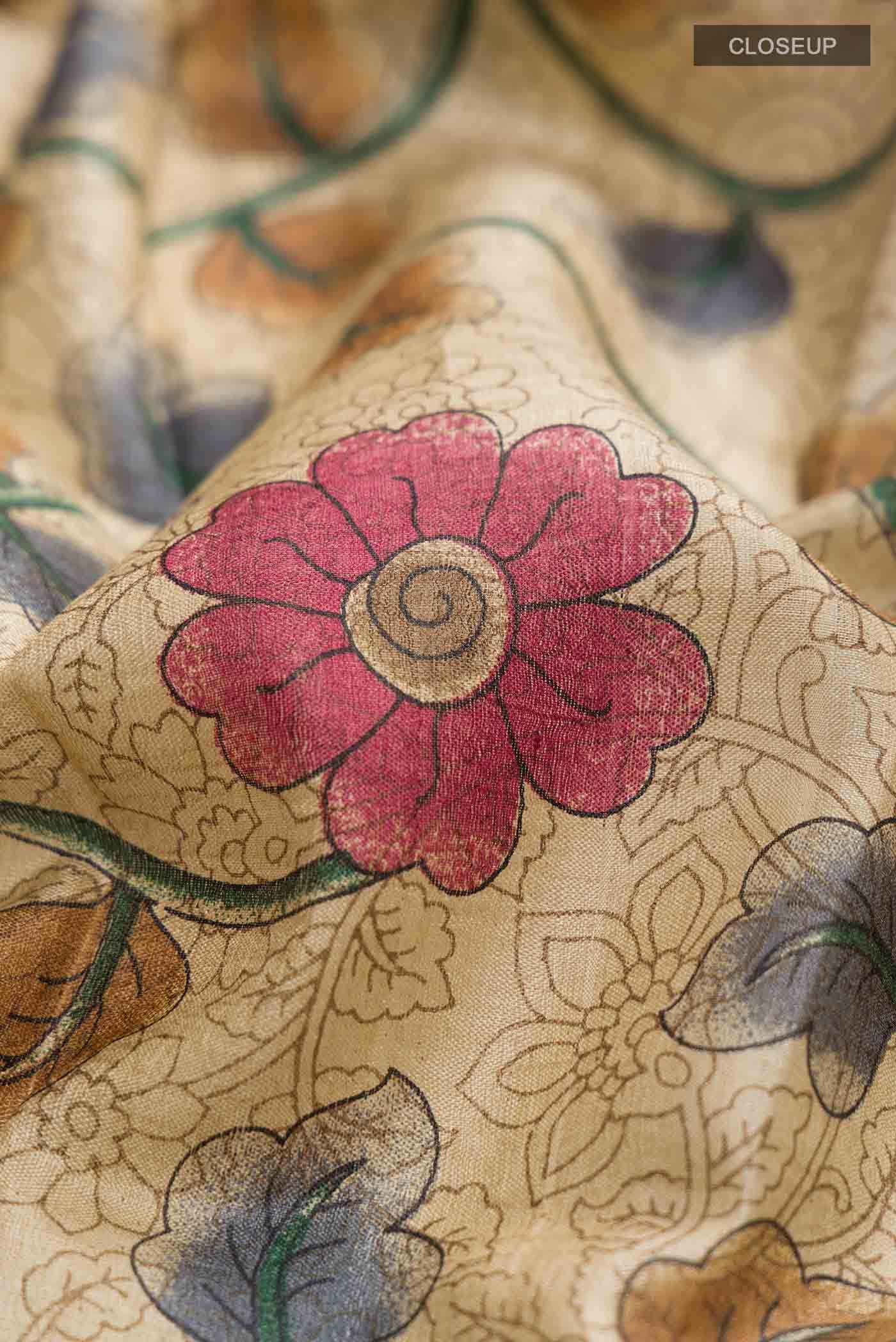 Beige Tussar Silk Saree