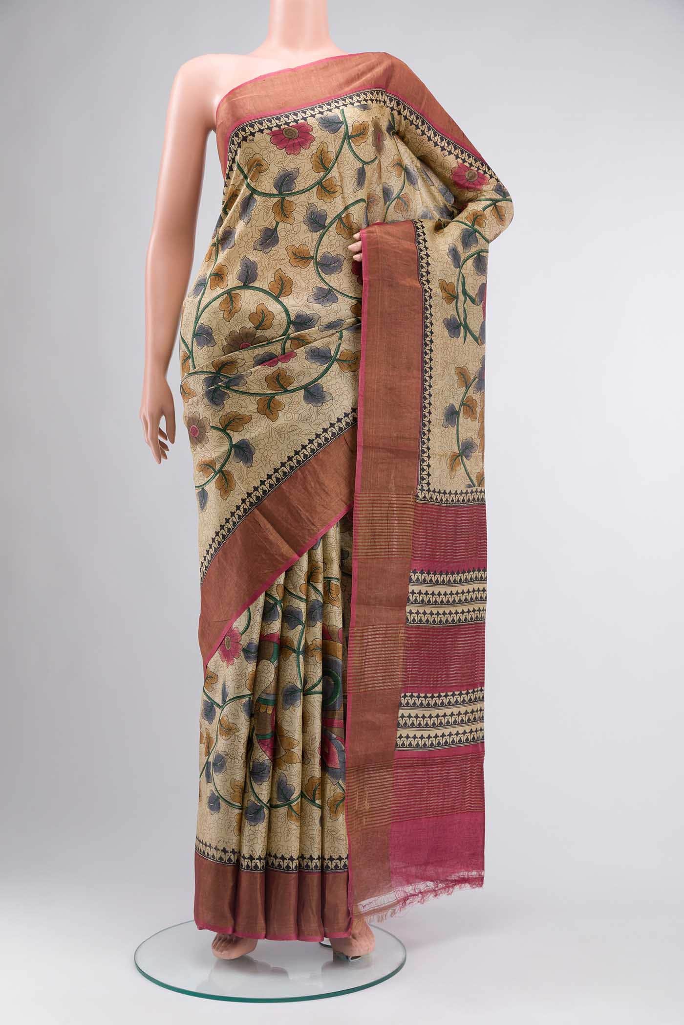 Beige Tussar Silk Saree