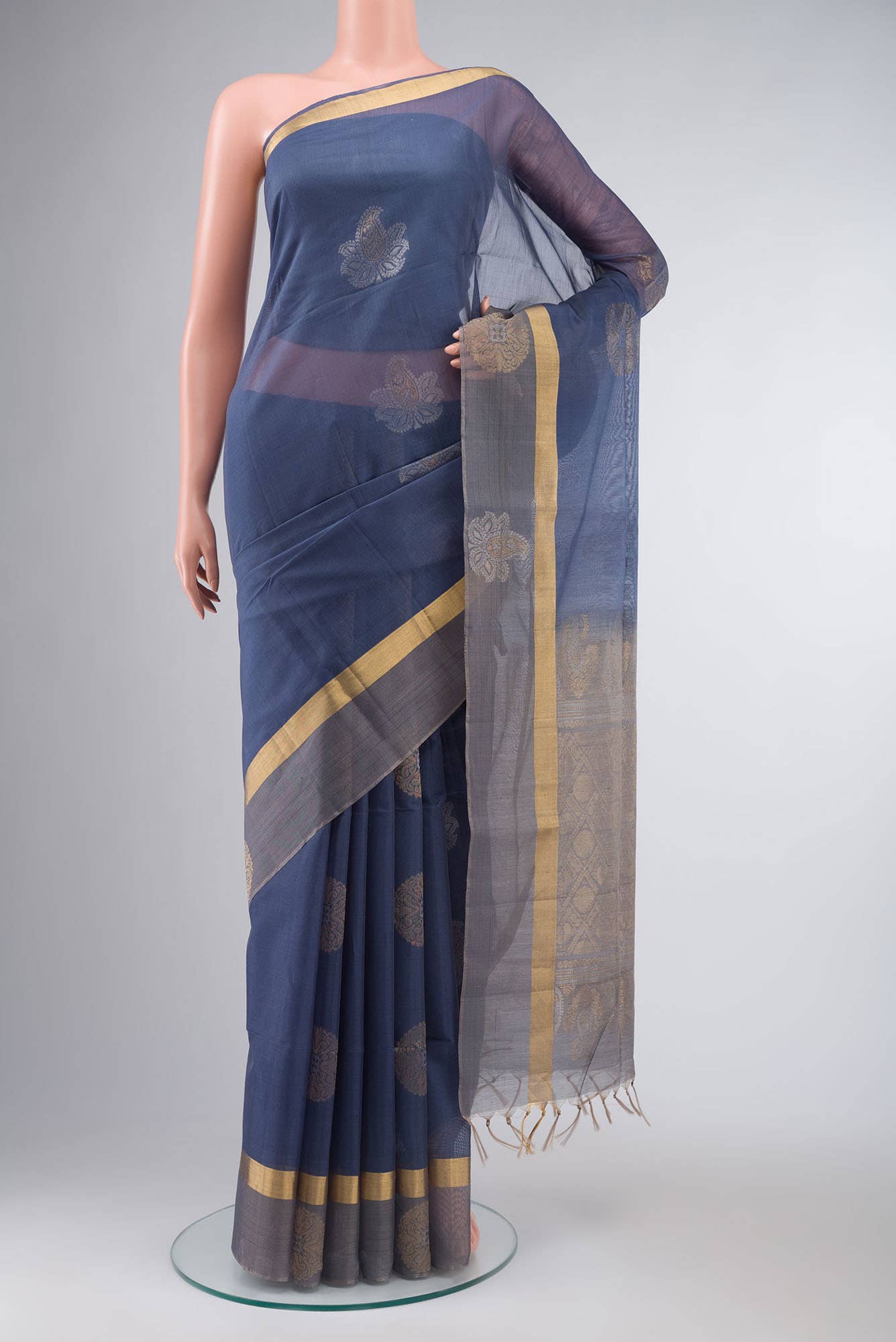 Blue Grey Silk Cotton Saree