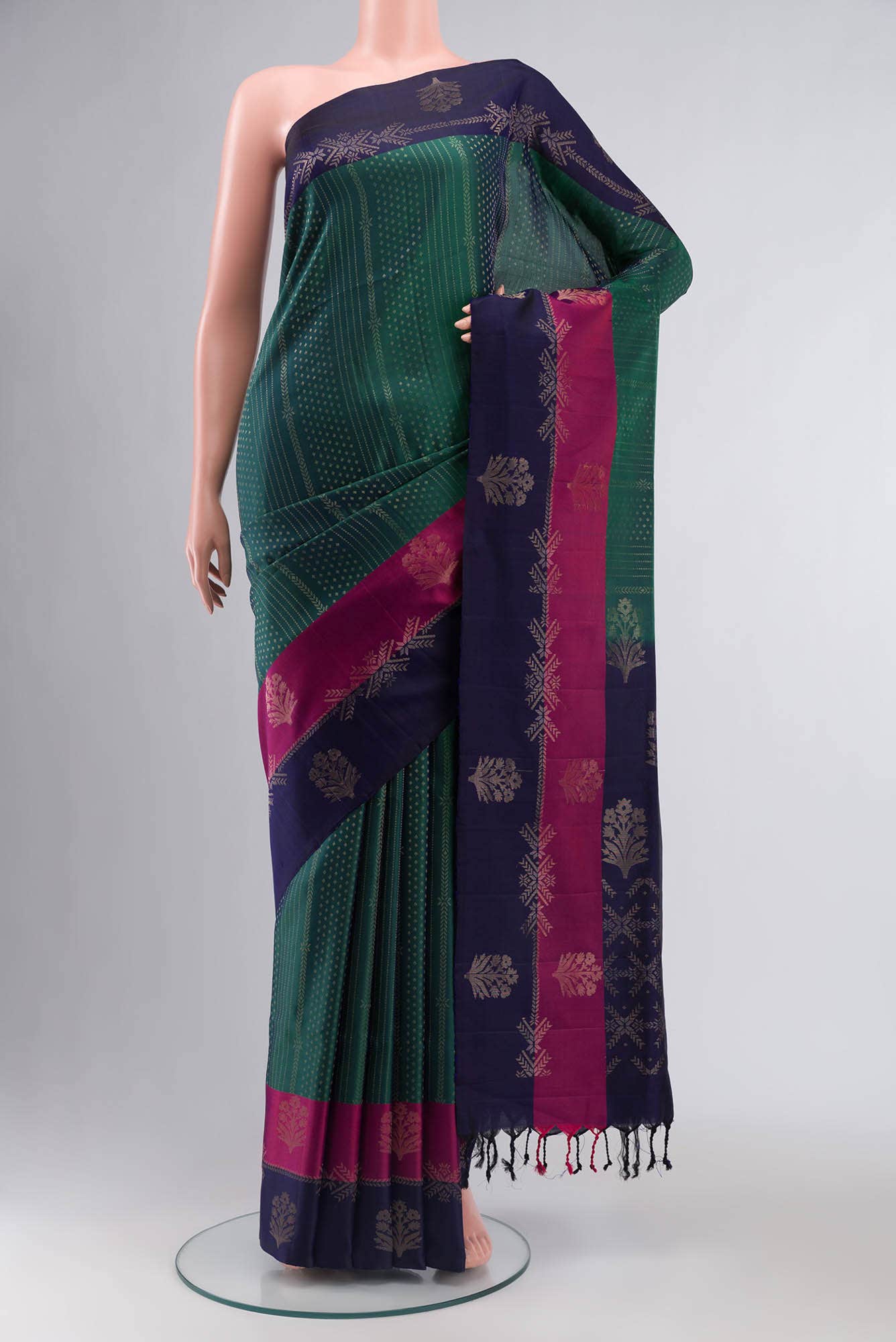 Green with Blue Dual Tone Soft Silk Saree