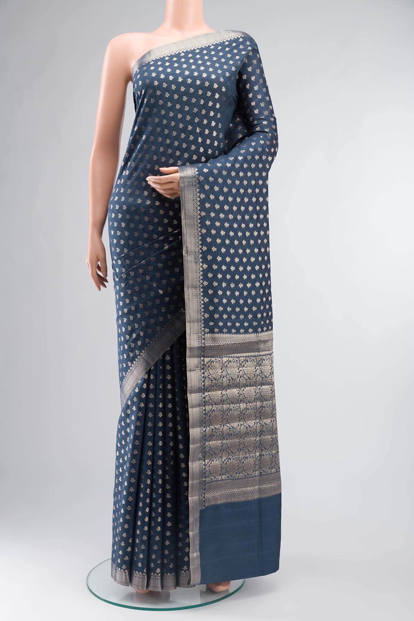 Blue Grey Banarasi Raw Silk Saree