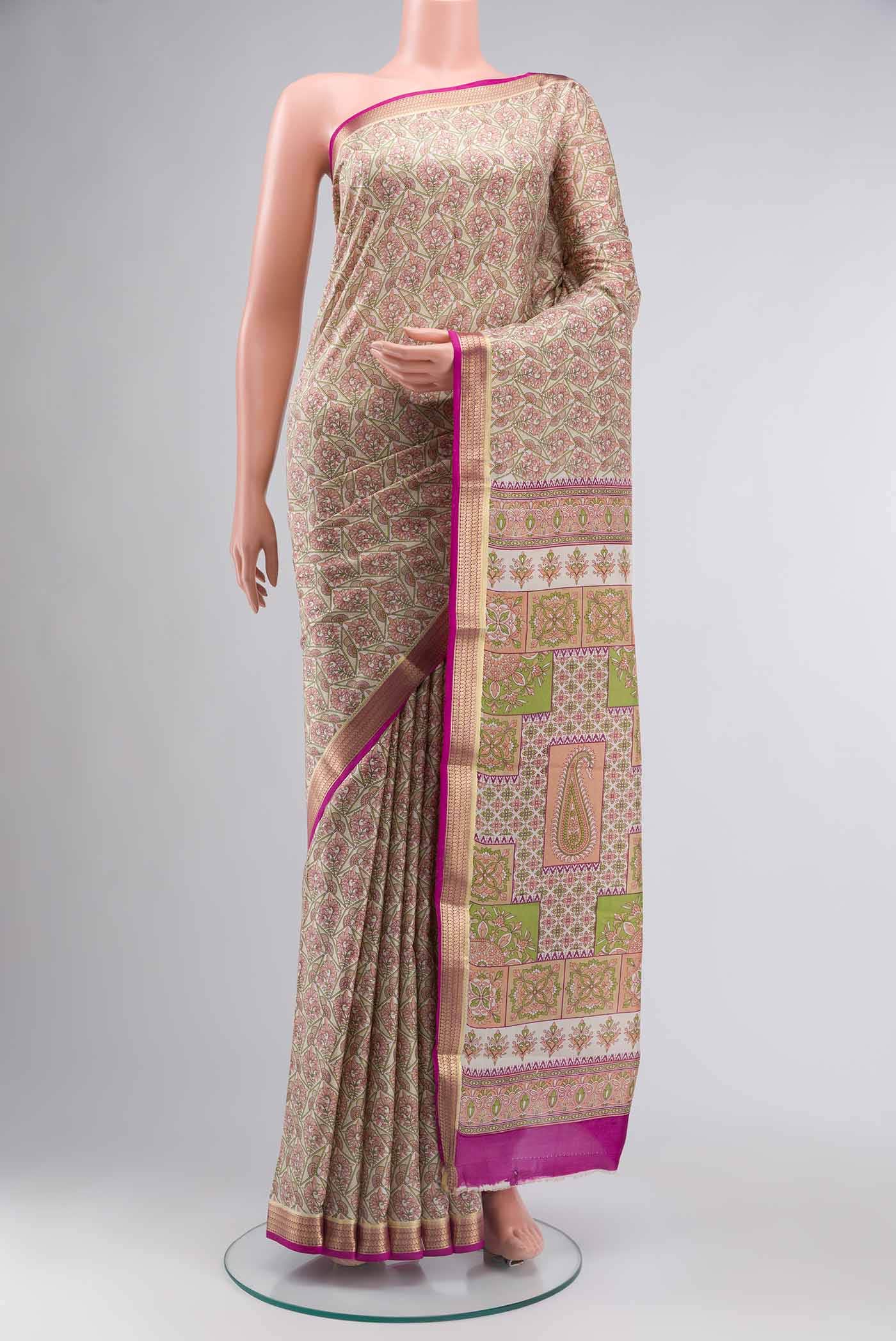 Beige Printed Silk Saree