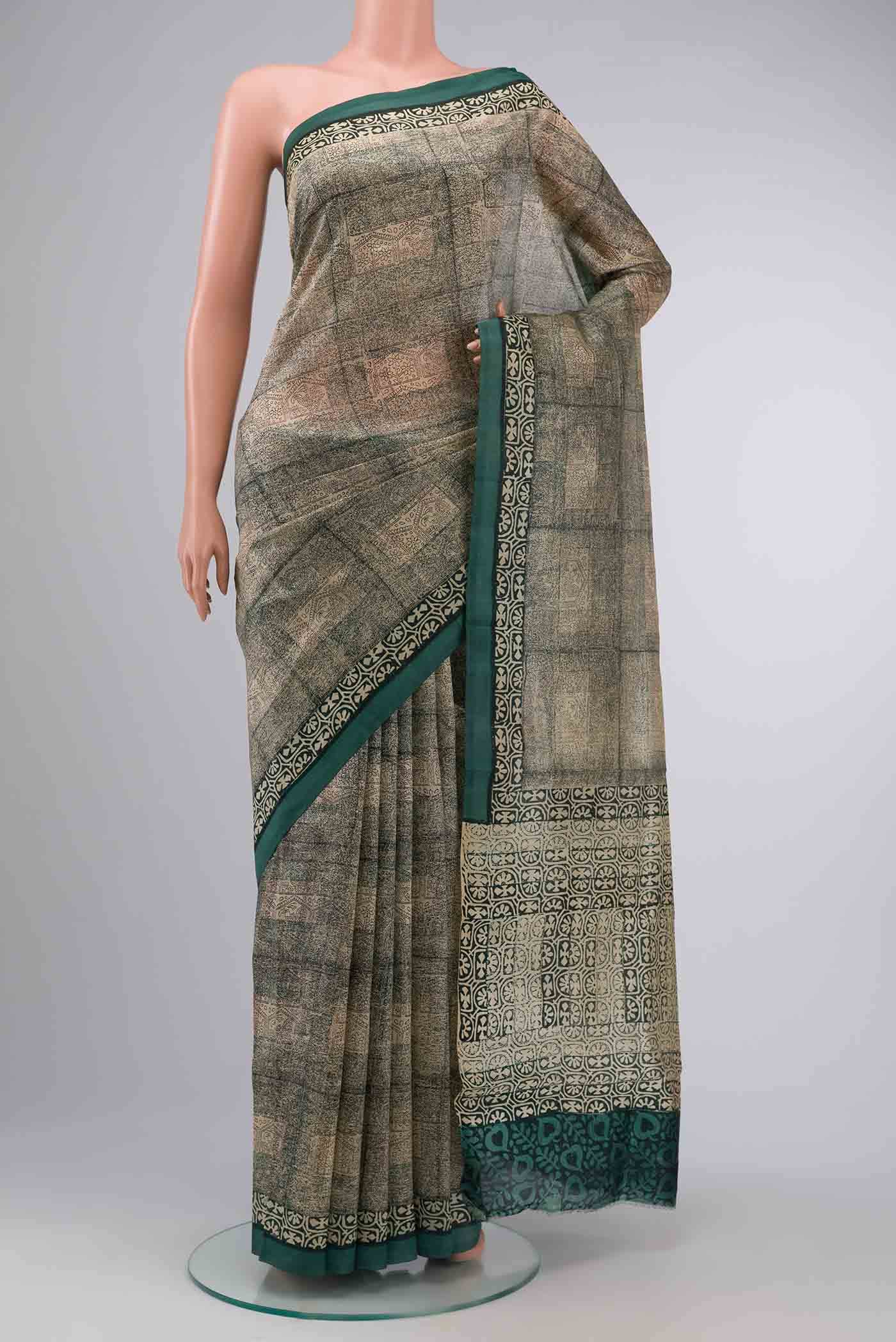 Beige Printed Silk Saree