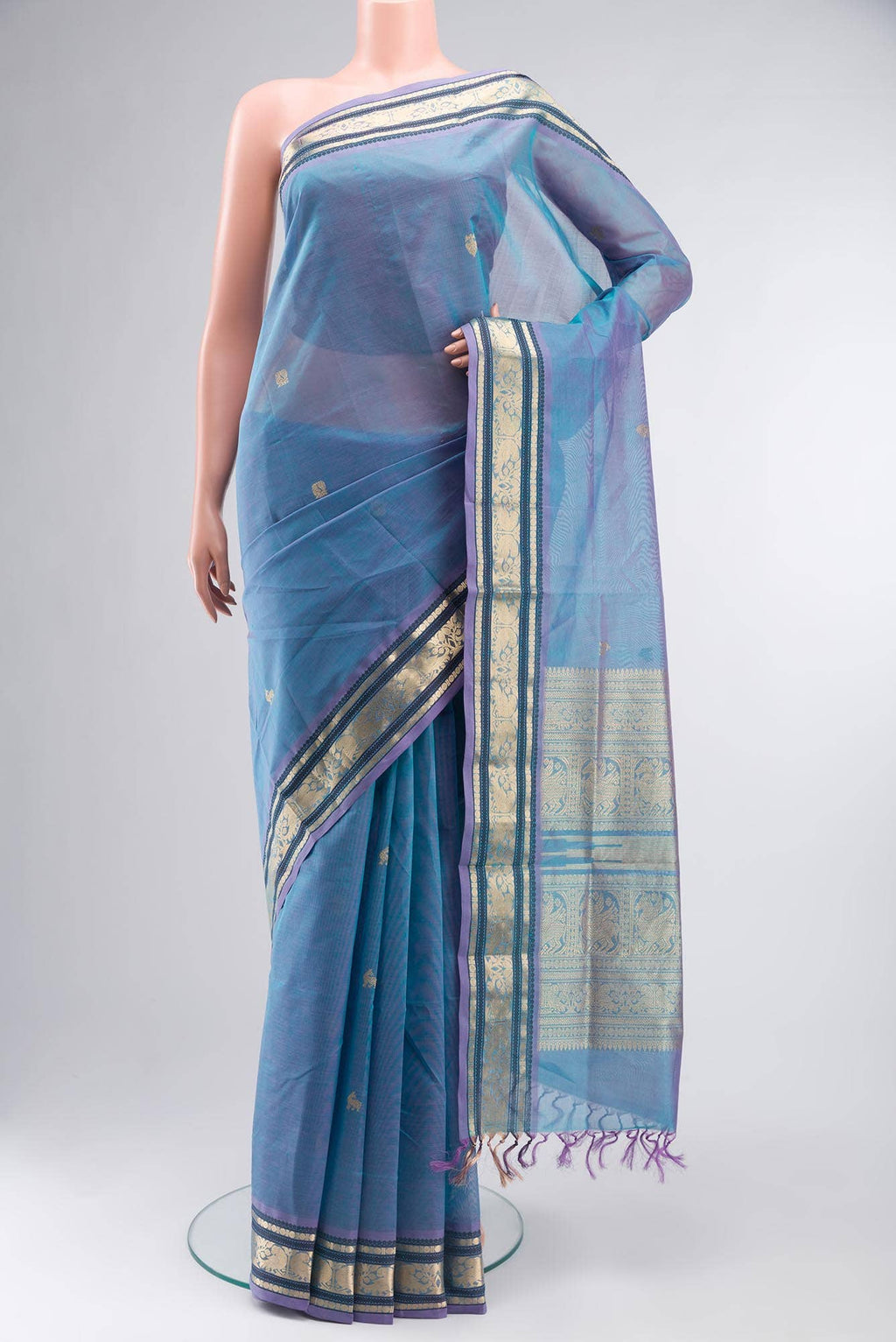 Blue with Lavender Dual Tone Silk Cotton Saree