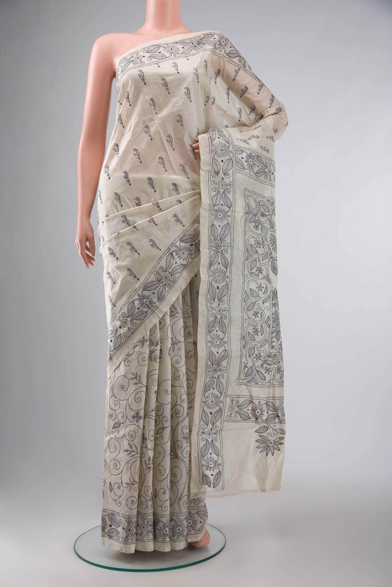 Cream Tussar Silk Saree