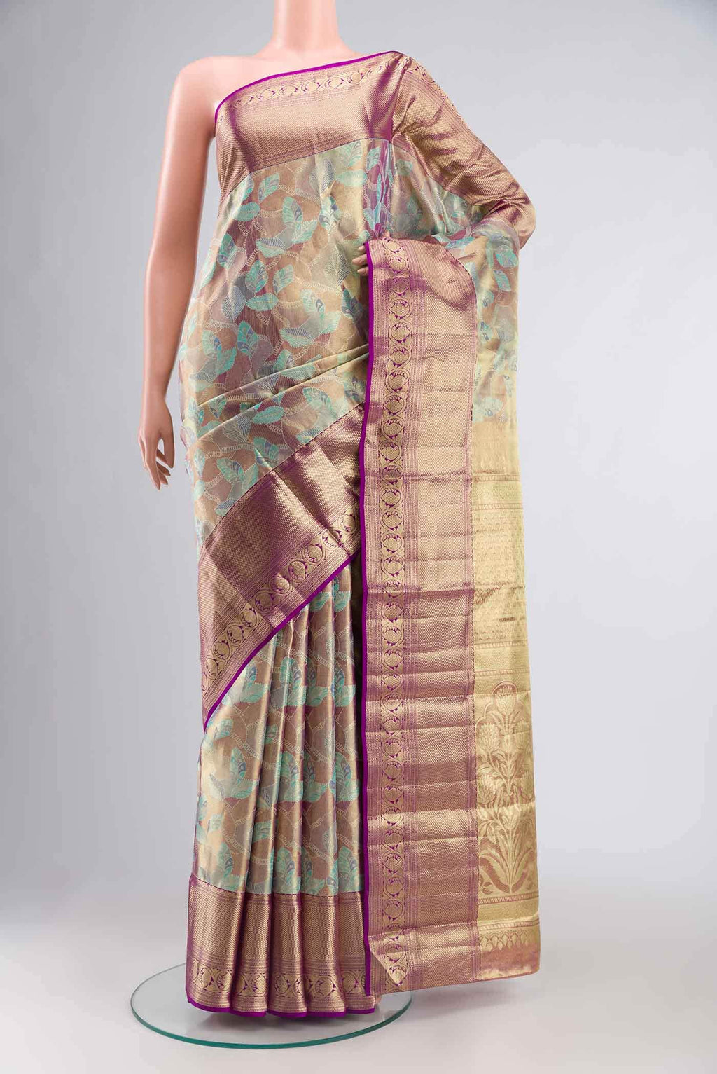 Blue &  Purple with Gold Dual Tone Kanchipuram Tissue Silk Saree
