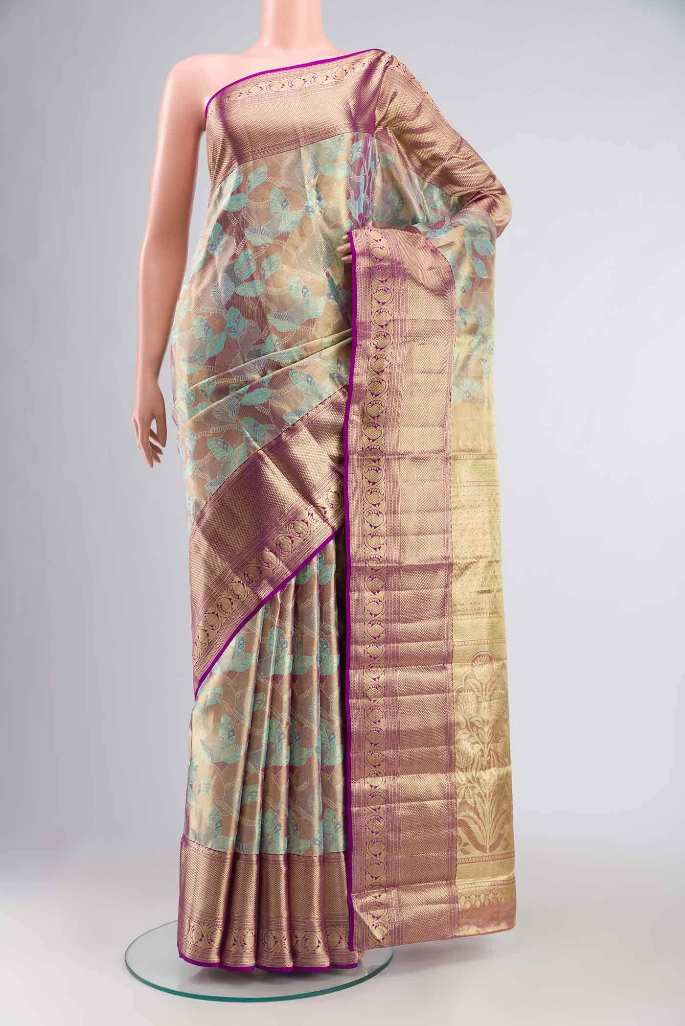 Blue &  Purple with Gold Dual Tone Kanchipuram Tissue Silk Saree