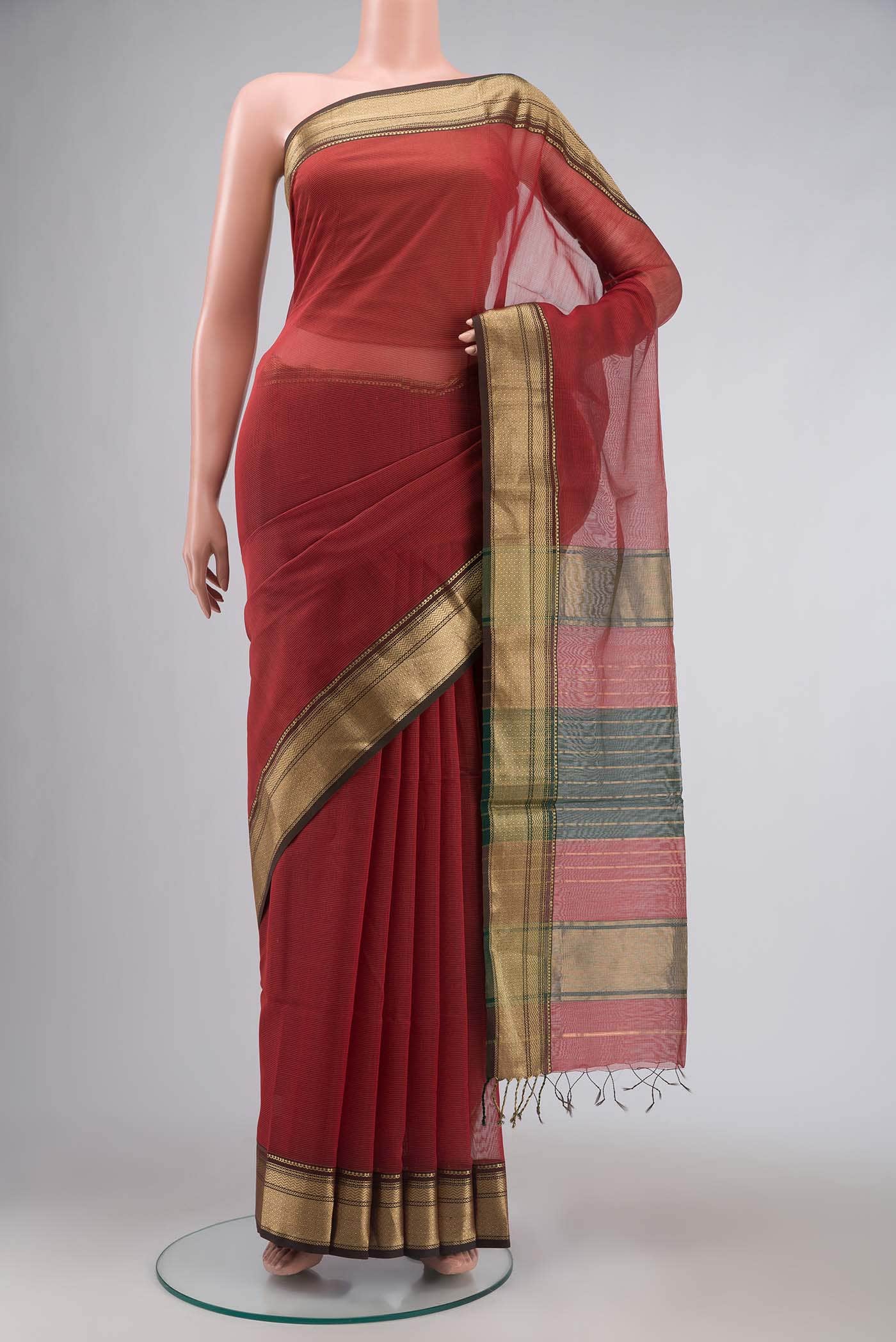 Rust Maheshwari Silk Cotton Saree