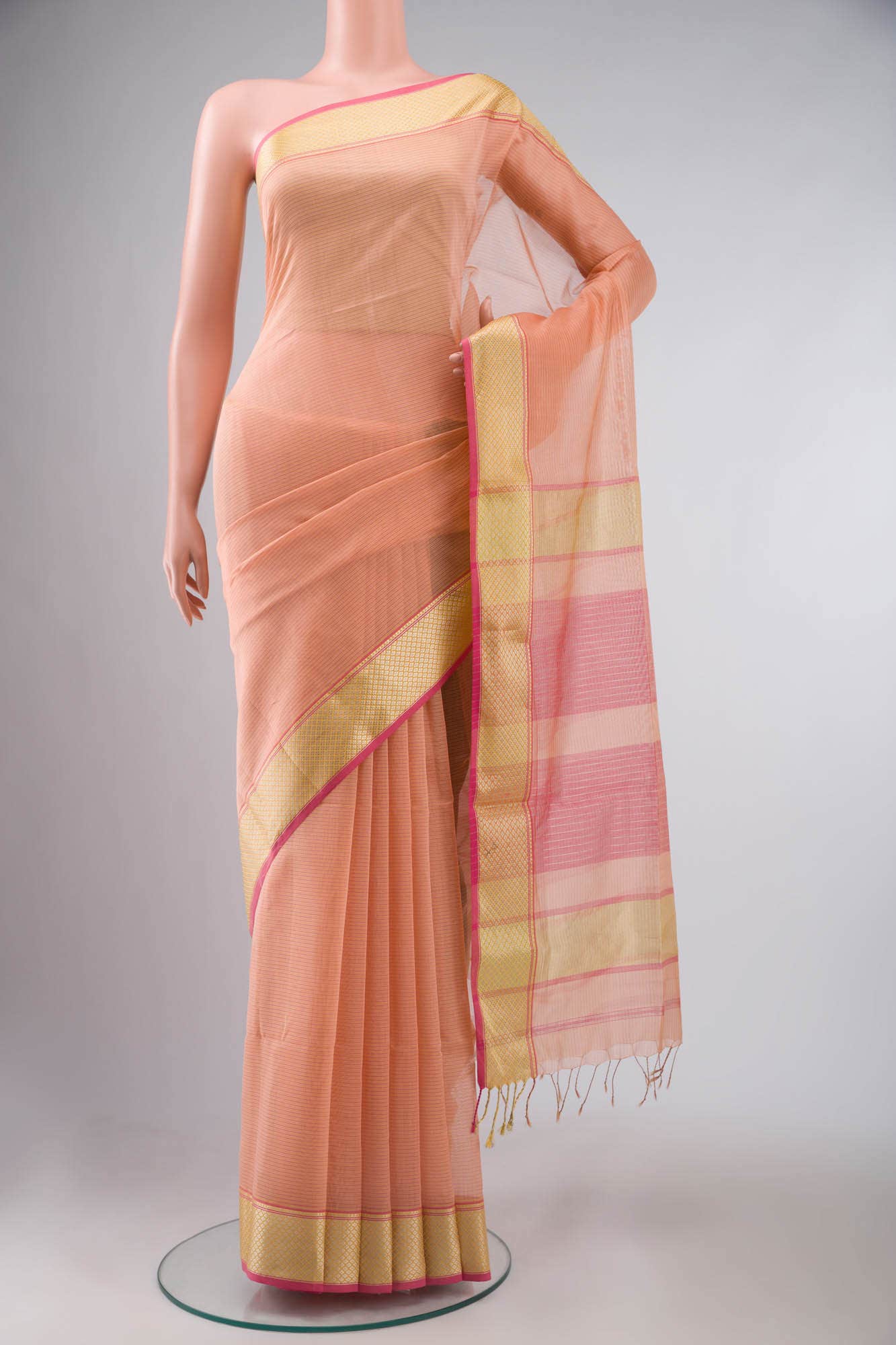 Peach Maheshwari Silk Cotton Saree