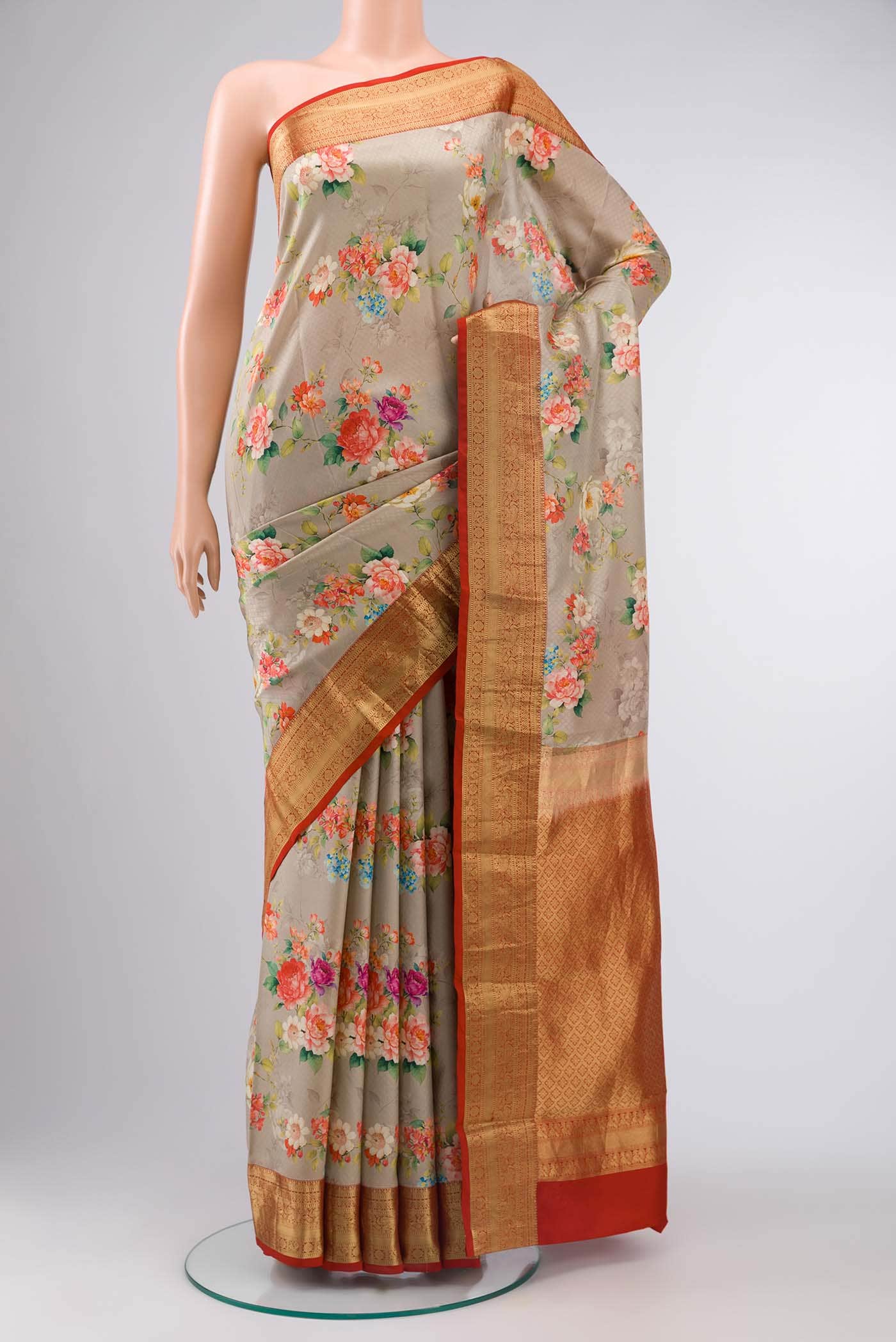 Beige Printed Silk Saree