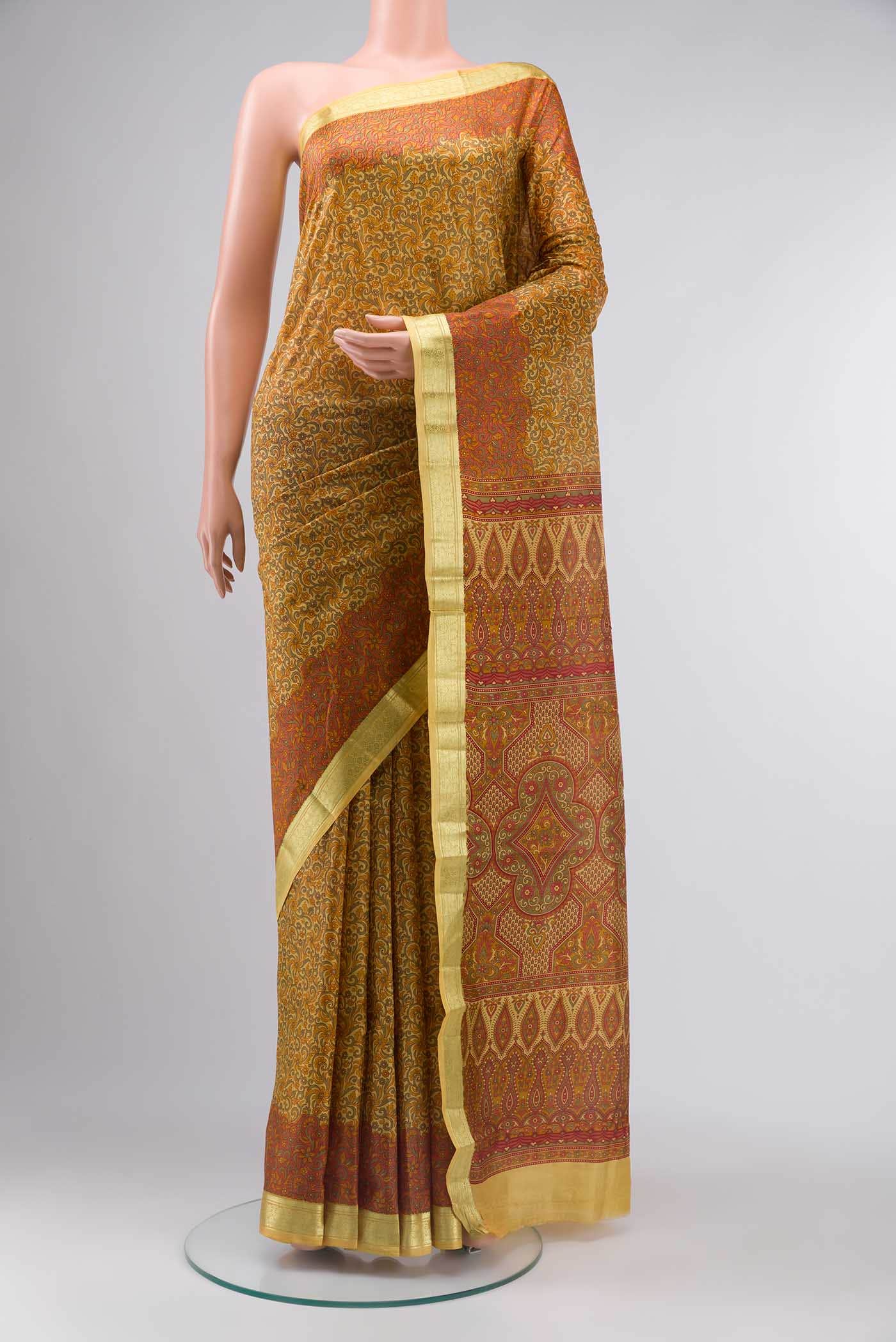 Yellow Printed Silk Saree