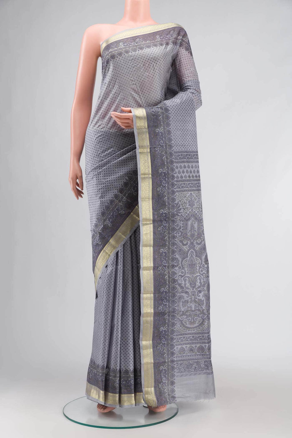 Grey Printed Silk Saree