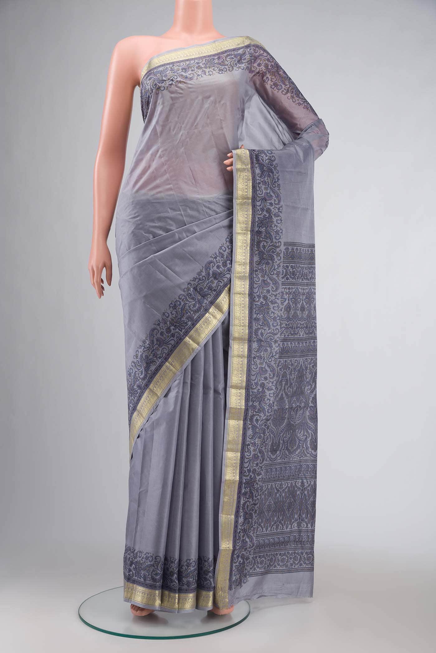 Grey Printed Silk Saree