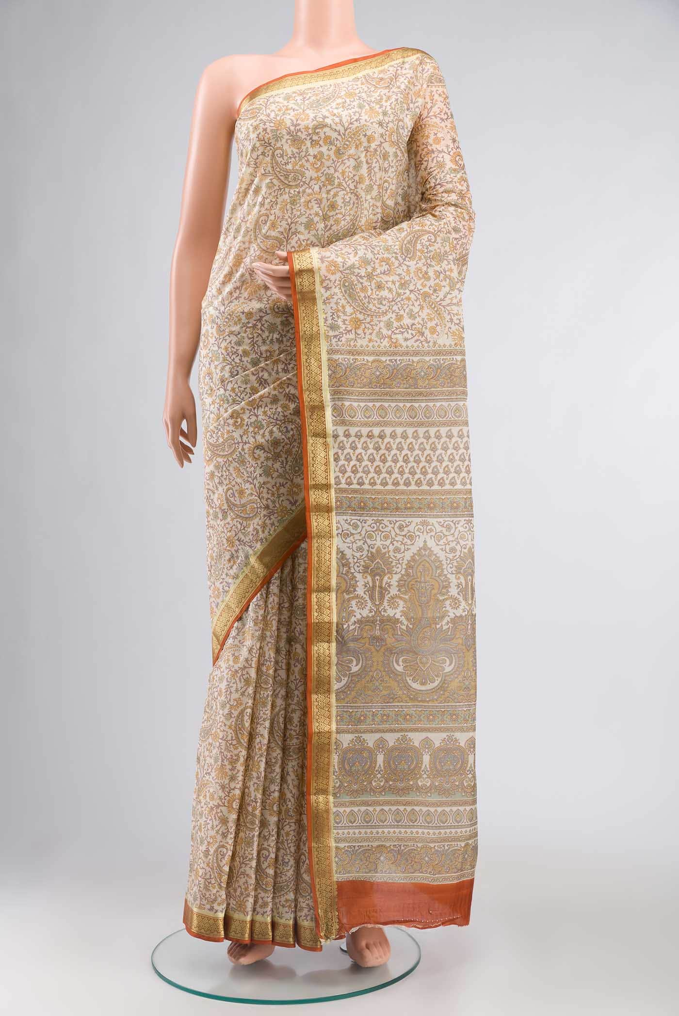 Cream Printed Silk Saree