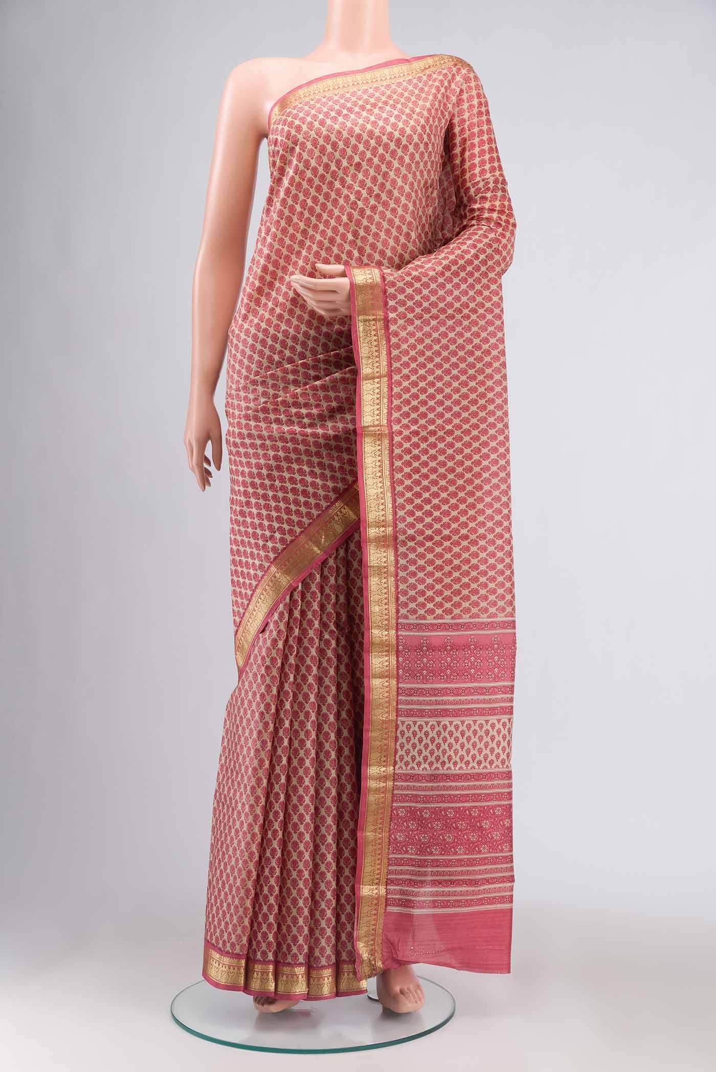 Beige Printed Silk Saree