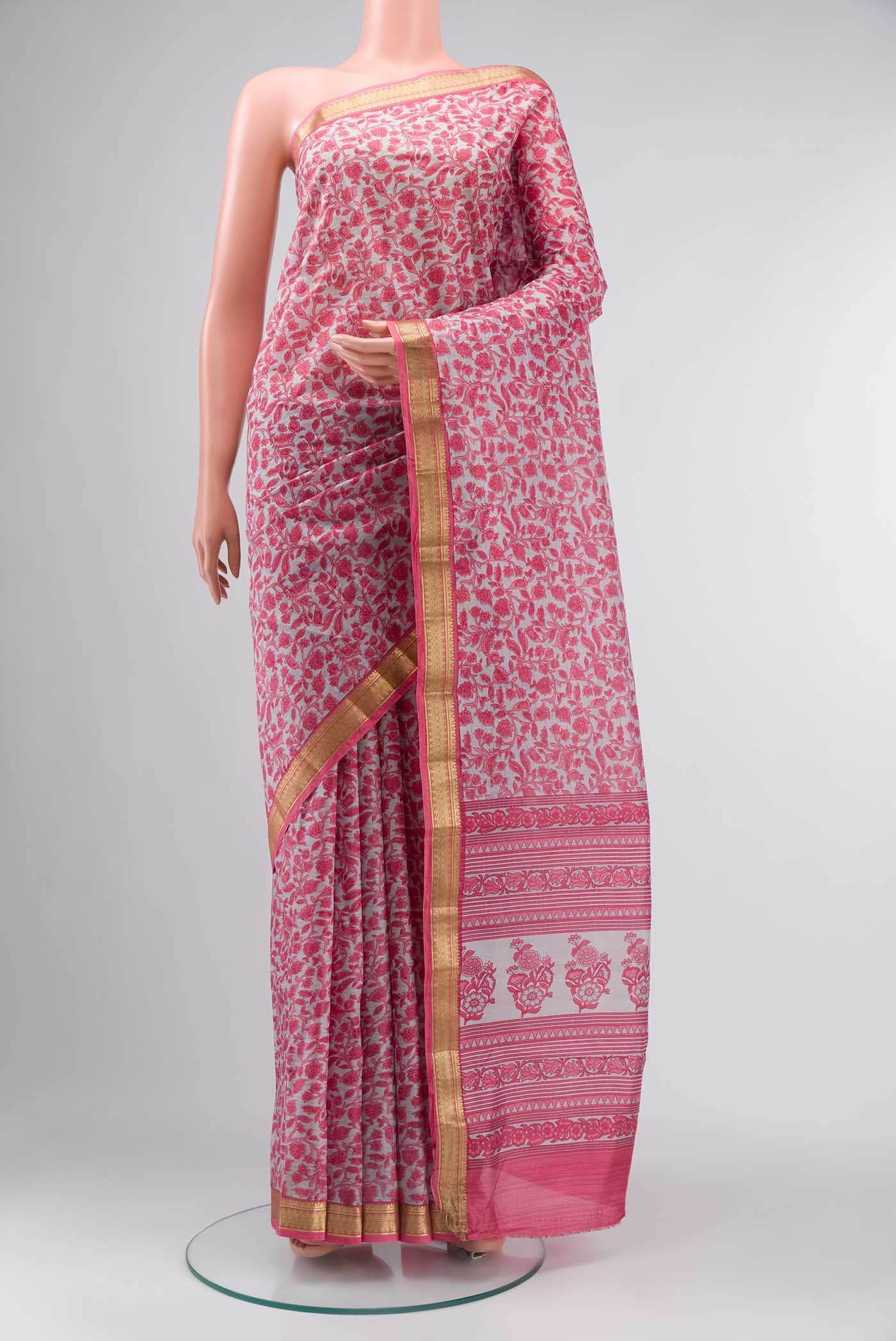 Grey Printed Silk Saree