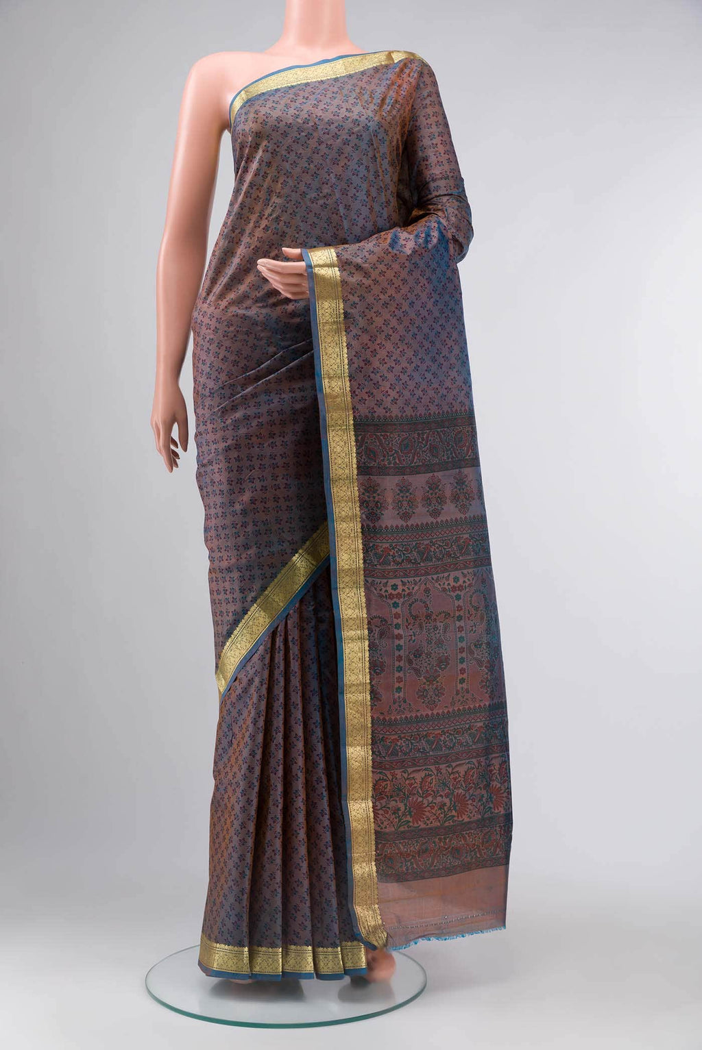 Blue with Orange Dual Tone Printed Silk Saree