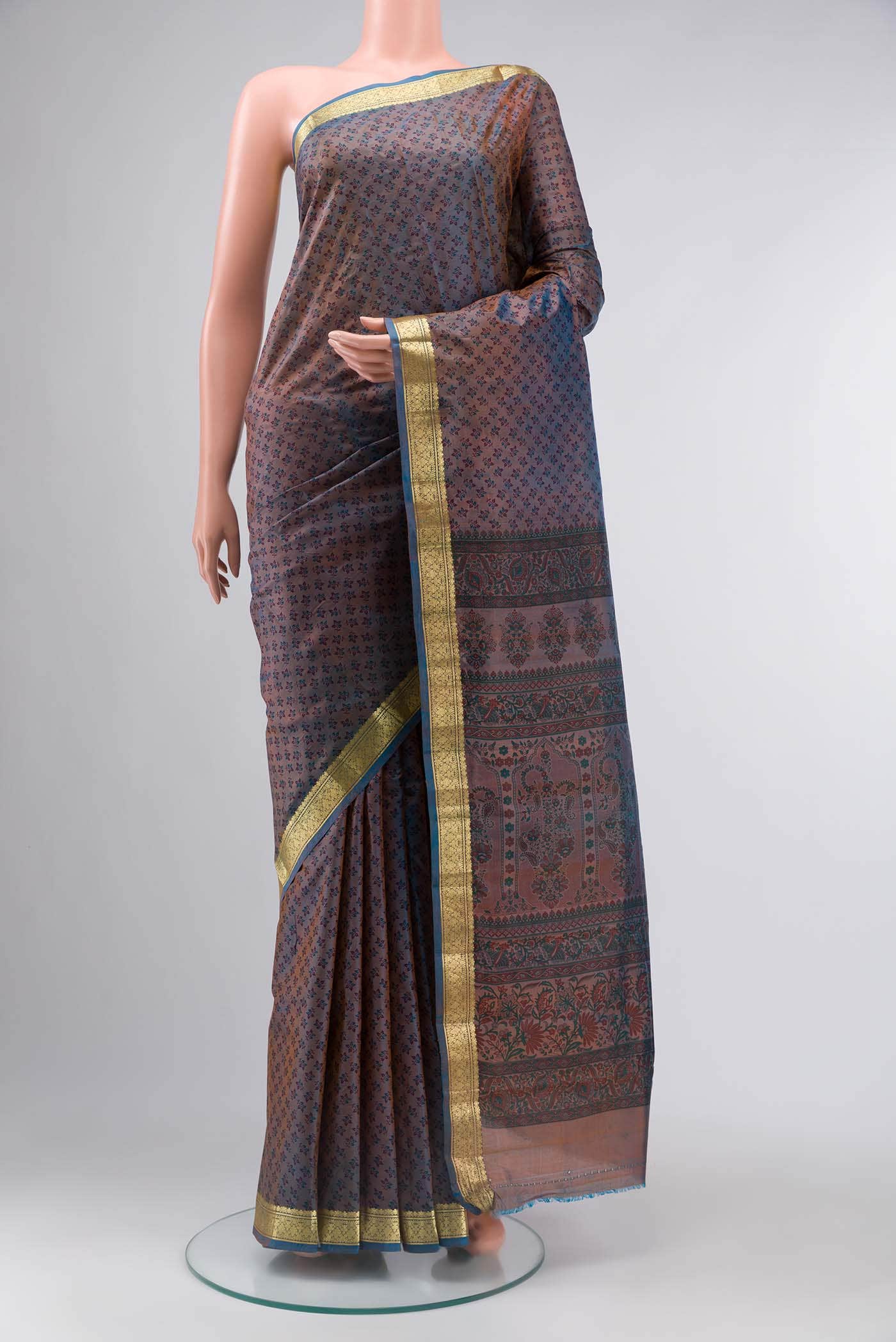 Blue with Orange Dual Tone Printed Silk Saree