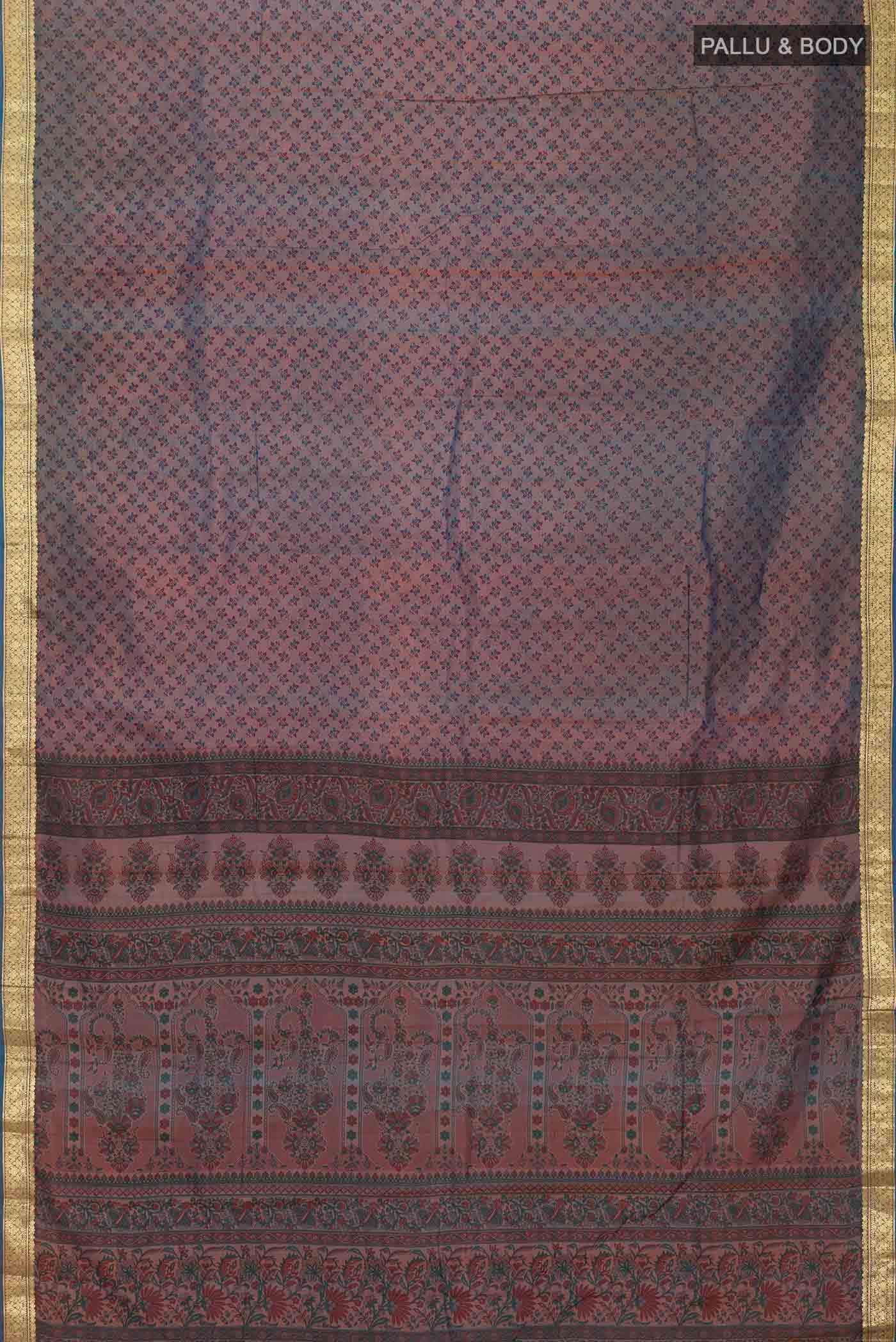 Blue with Orange Dual Tone Printed Silk Saree