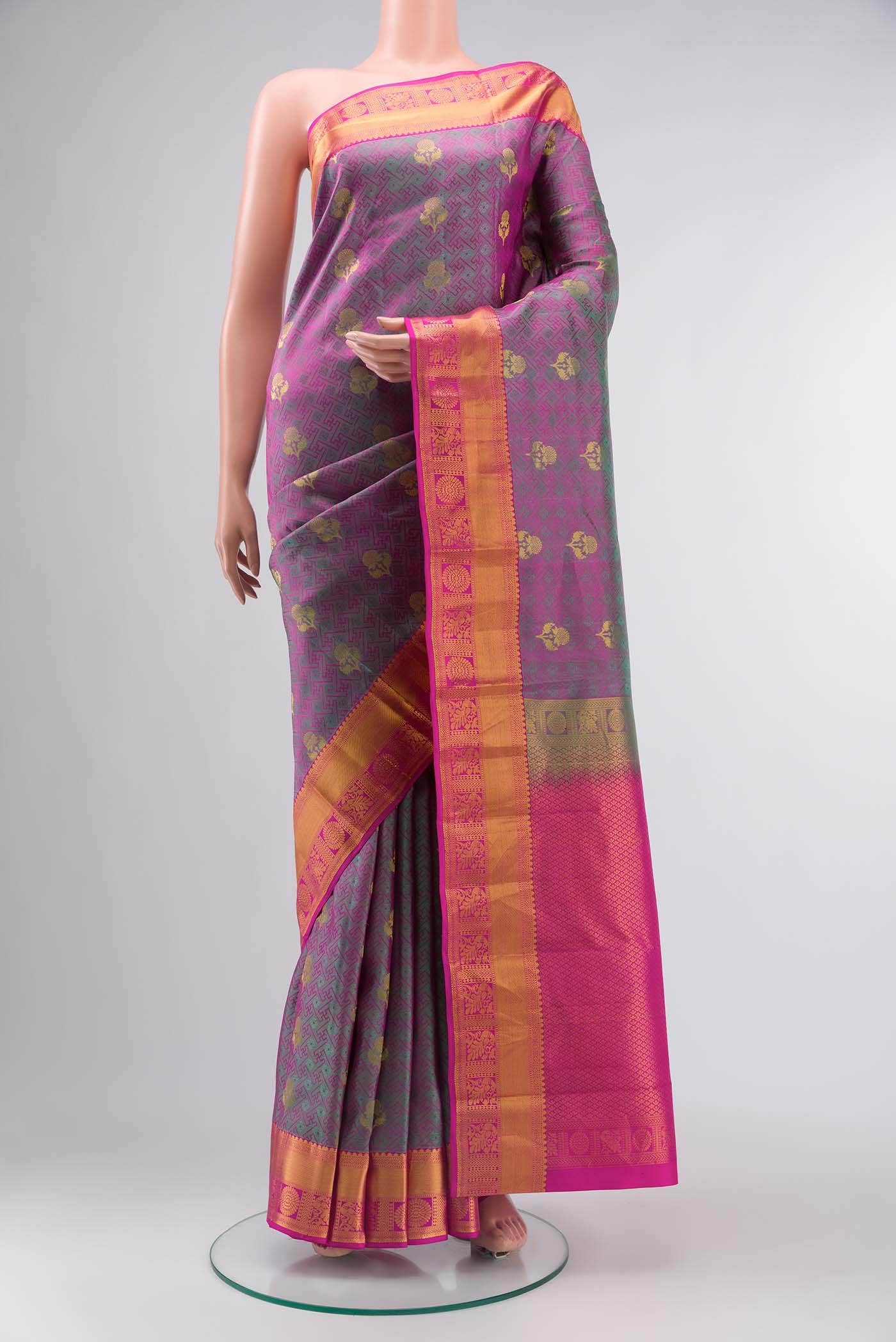 Pink with Green Dual Tone Kanchipuram Silk Saree