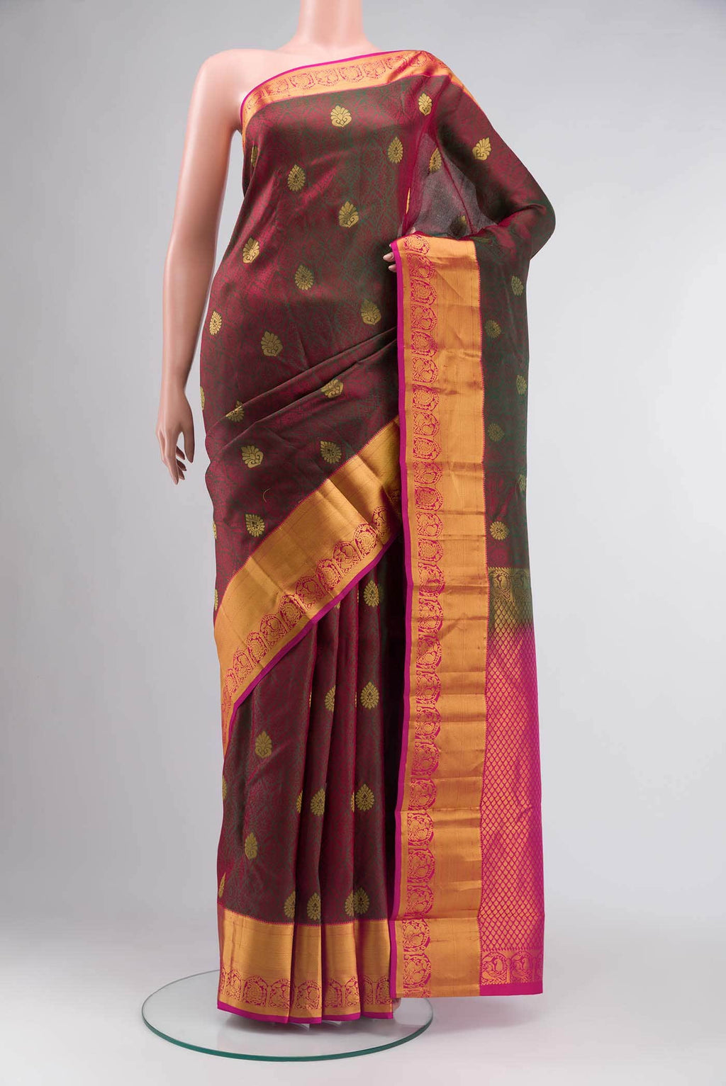 Green with Red Dual Tone Kanchipuram Silk Saree