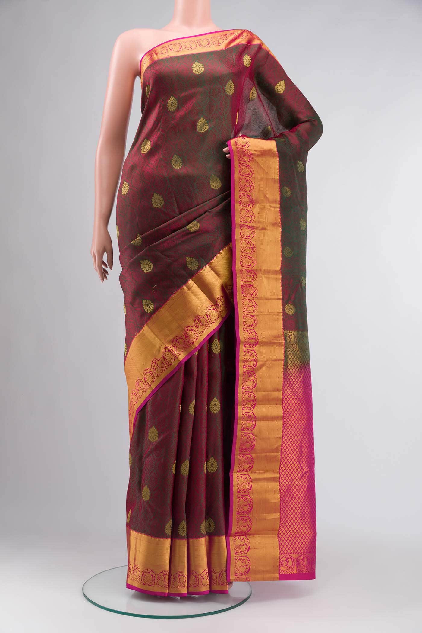 Green with Red Dual Tone Kanchipuram Silk Saree