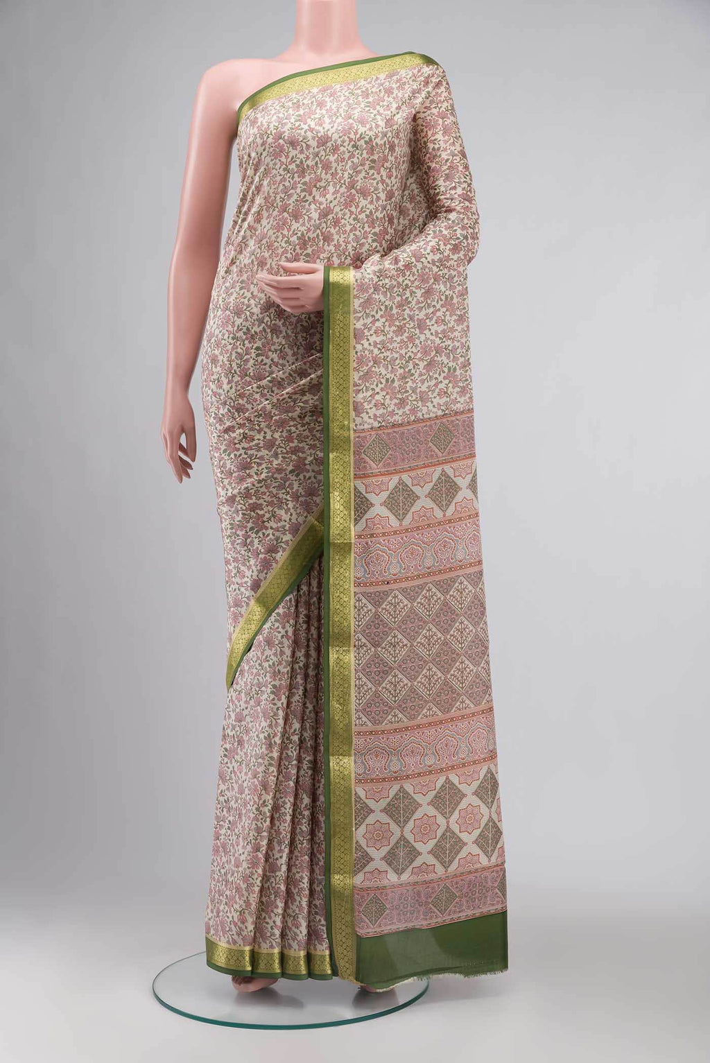 Cream Printed Silk Saree