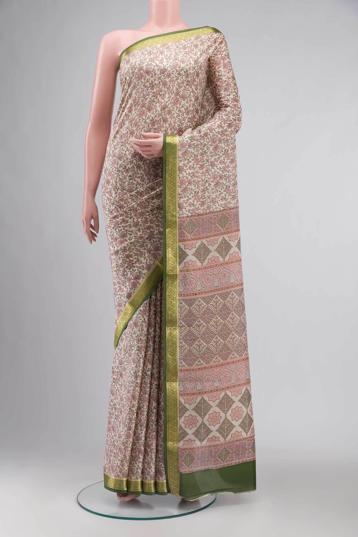 Cream Printed Silk Saree