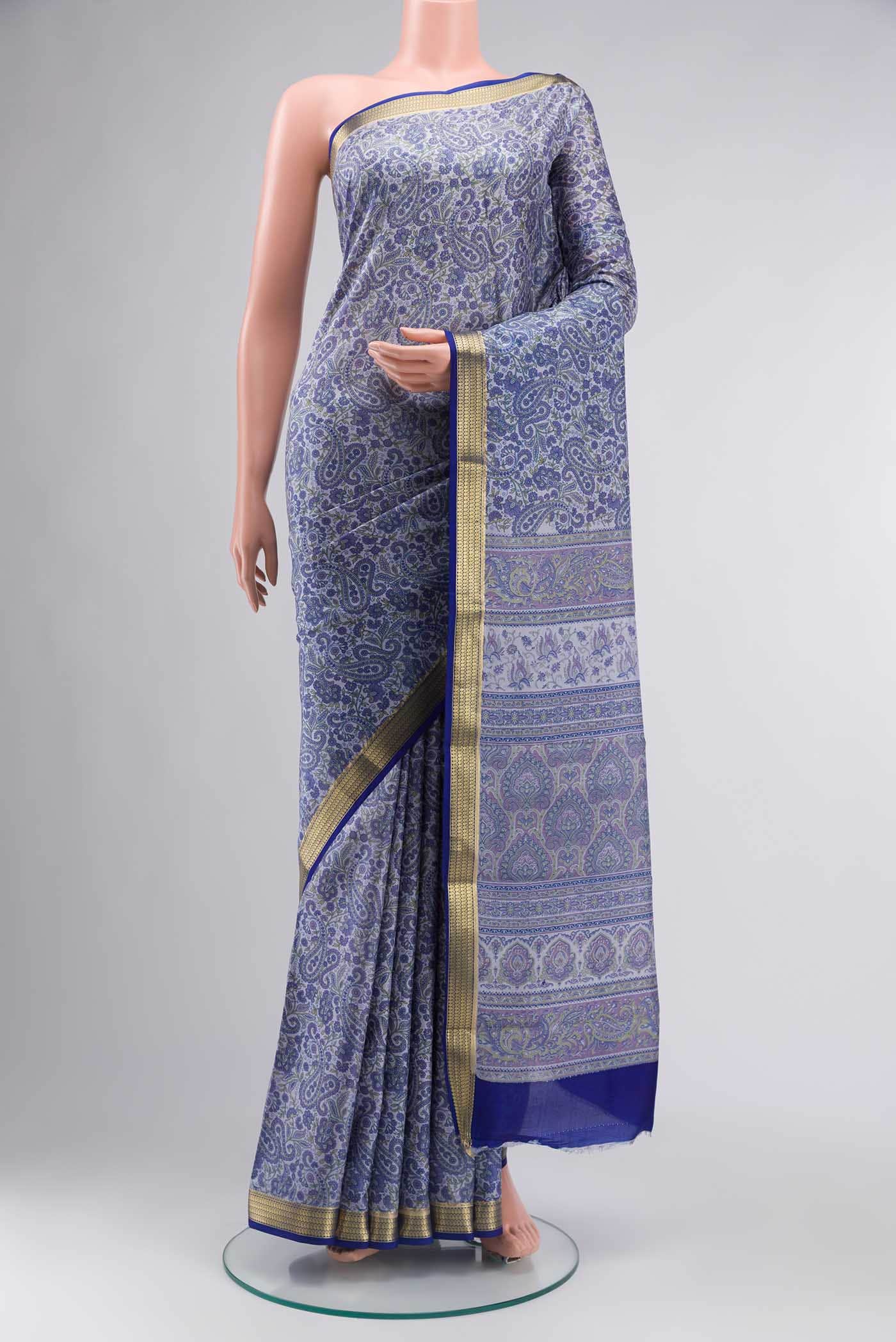Blue Printed Silk Saree