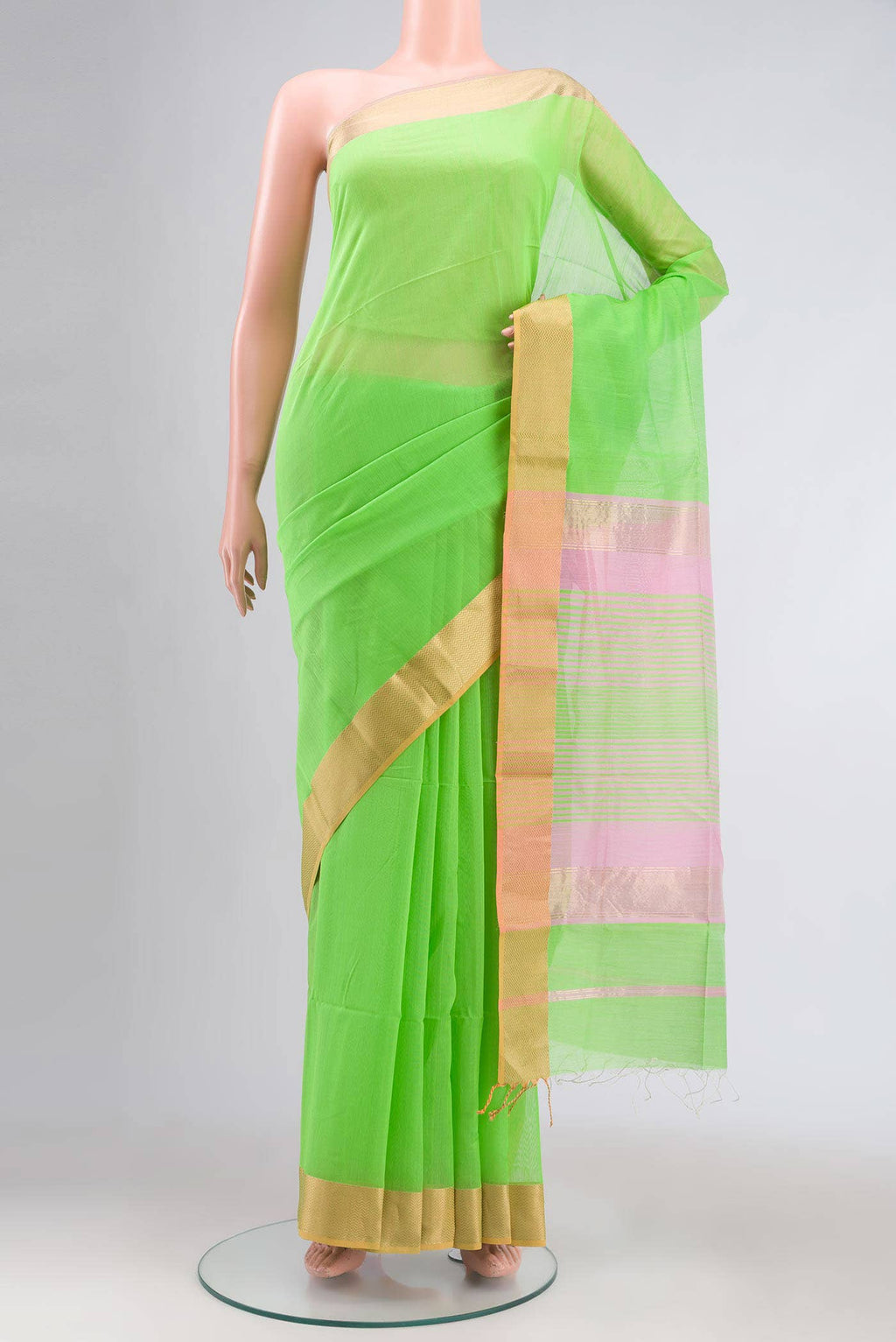 Parrot Green Maheshwari Silk Cotton Saree
