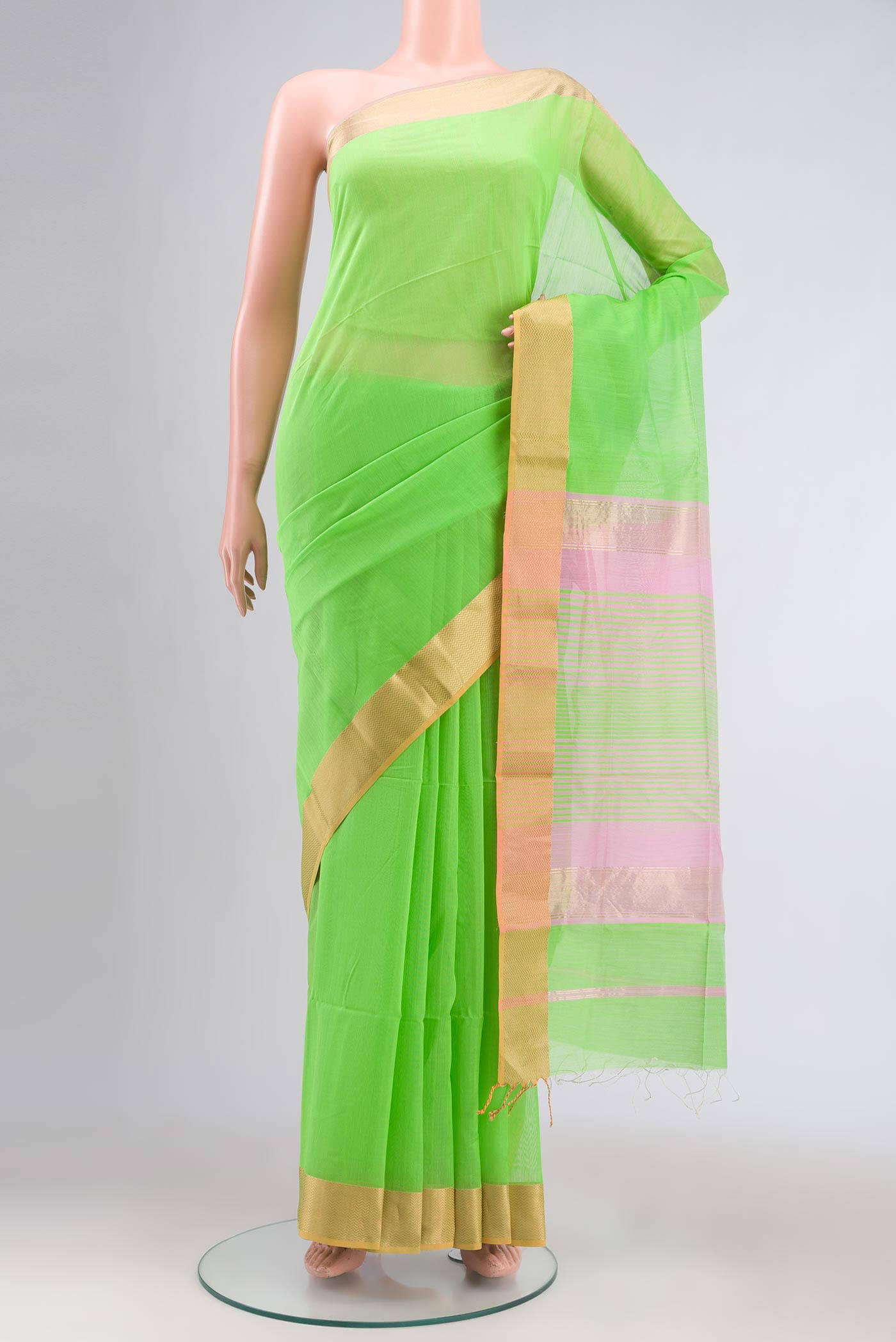Parrot Green Maheshwari Silk Cotton Saree