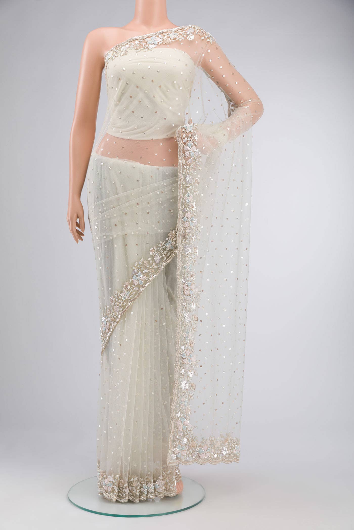 Off White Embroidery Net Saree
