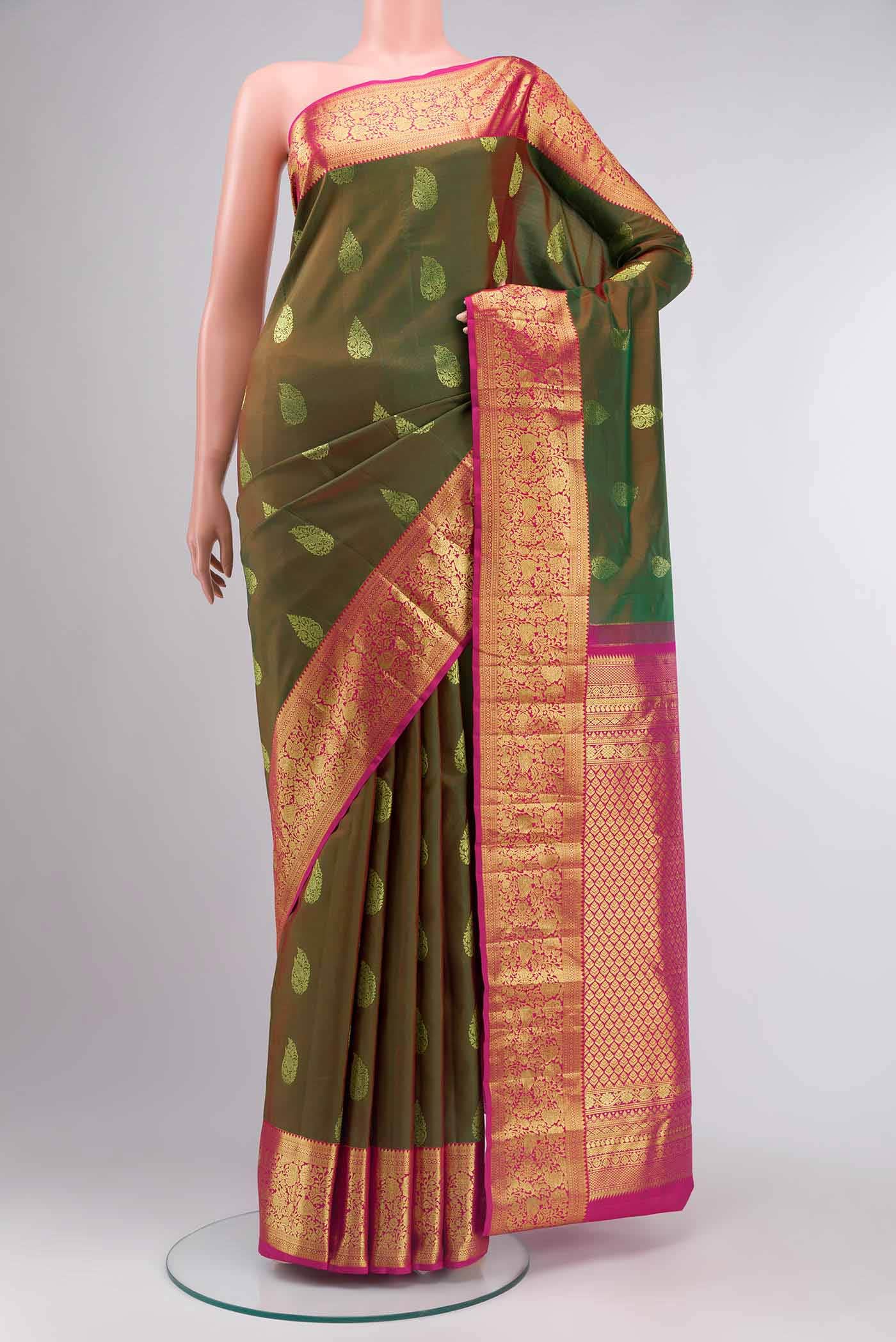 Green with Red Dual Tone Kanchipuram Silk Saree
