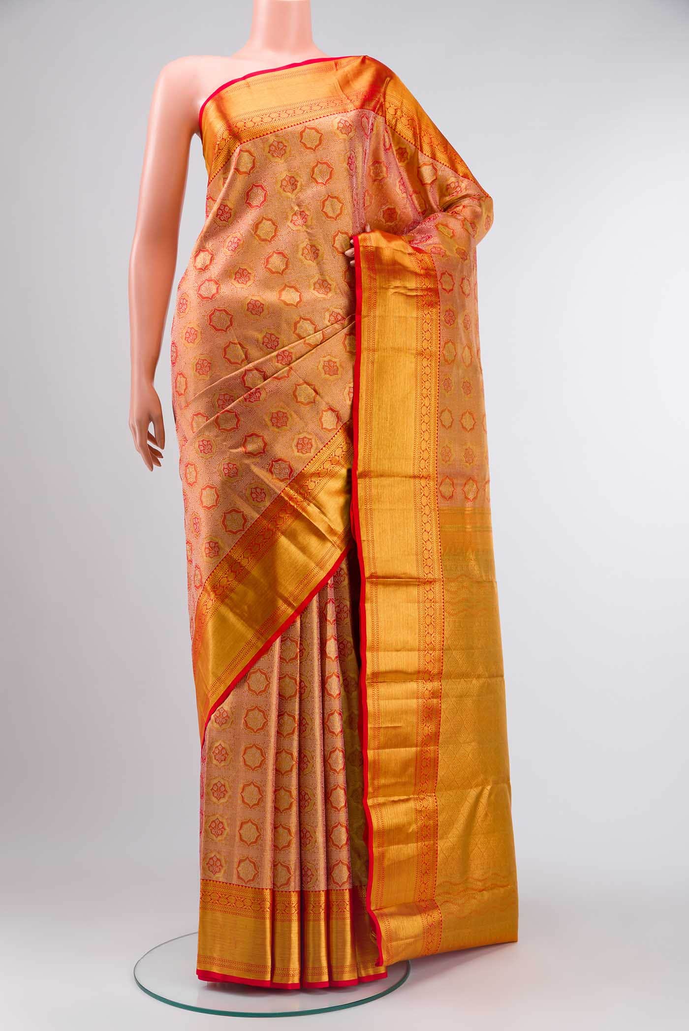 Gold with Red Color Kanjivaram Tissue Silk Saree
