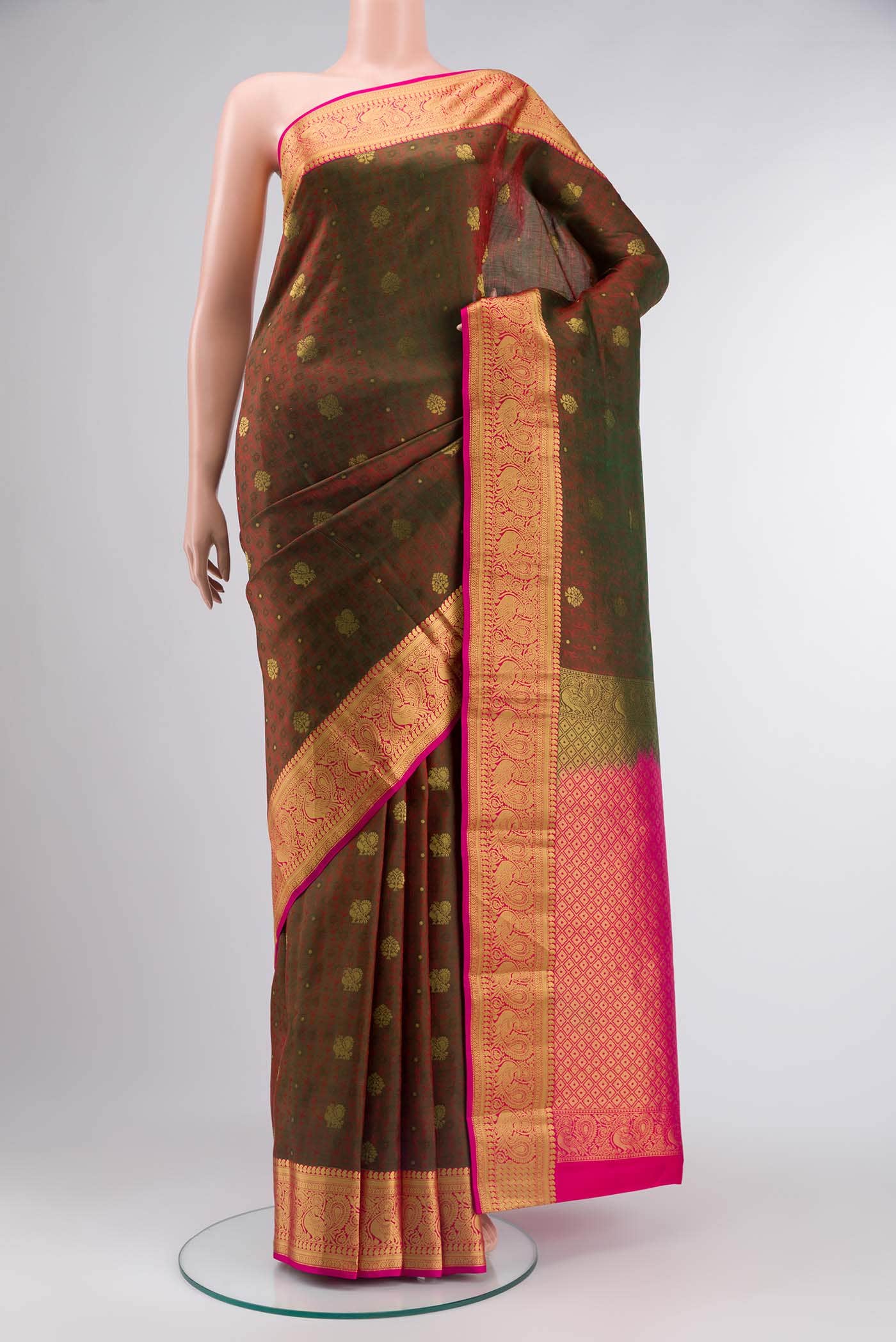 Green with Red Dual Tone Kanchipuram Silk Saree