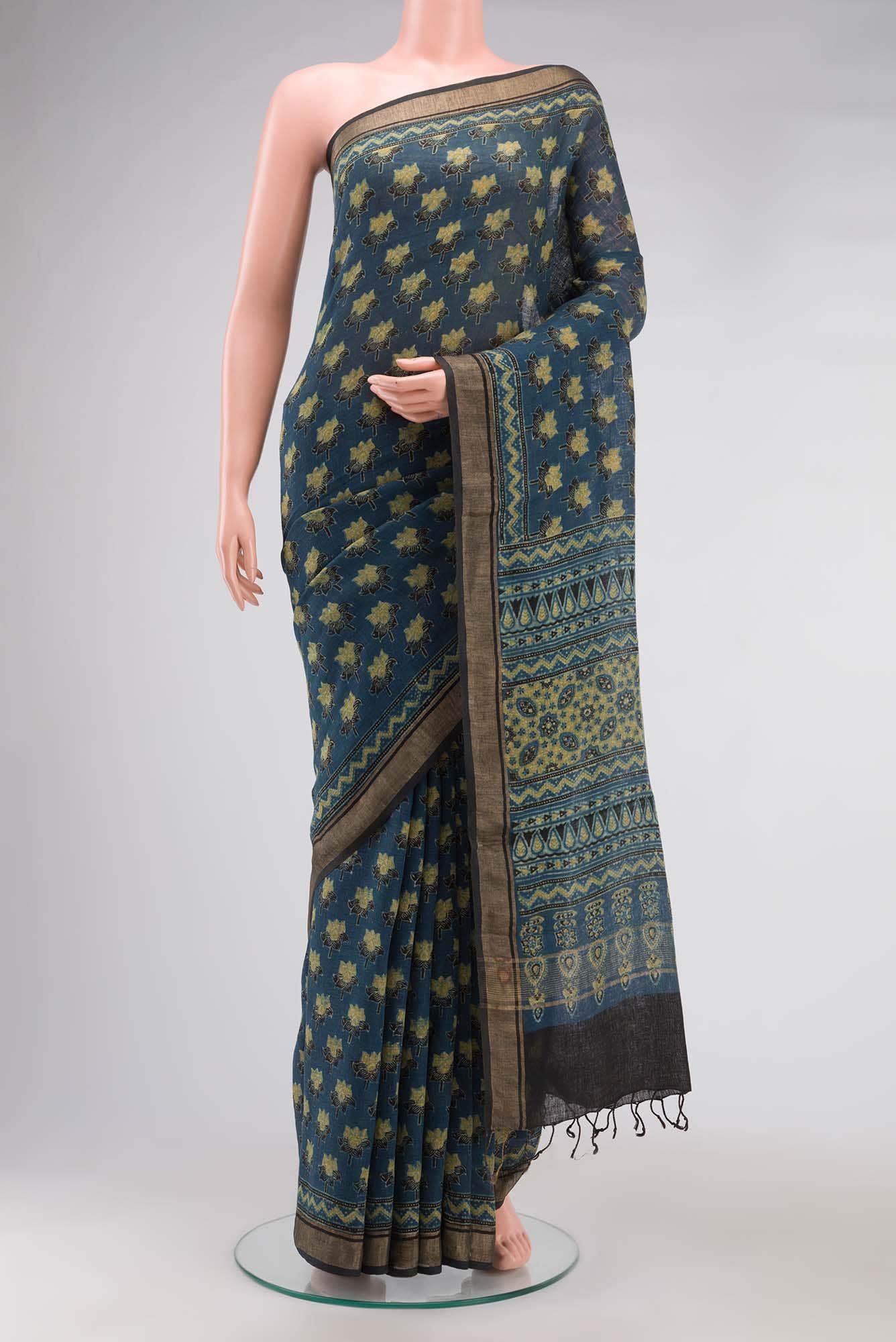 Blue Linen Cotton Saree