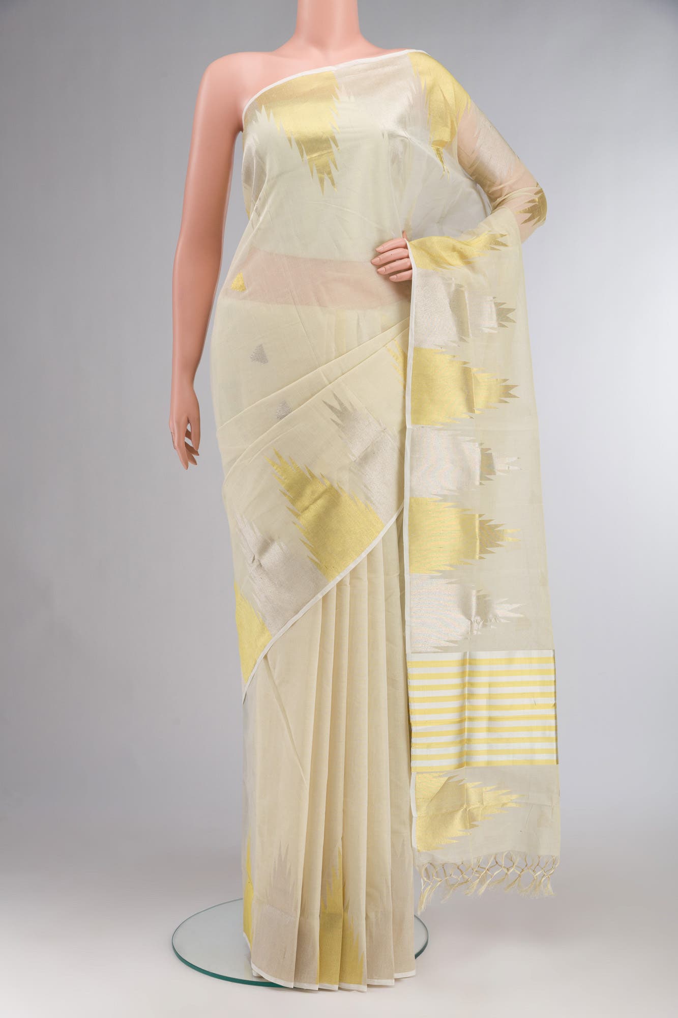 Cream with Gold Dual Tone Kerala Cotton Saree