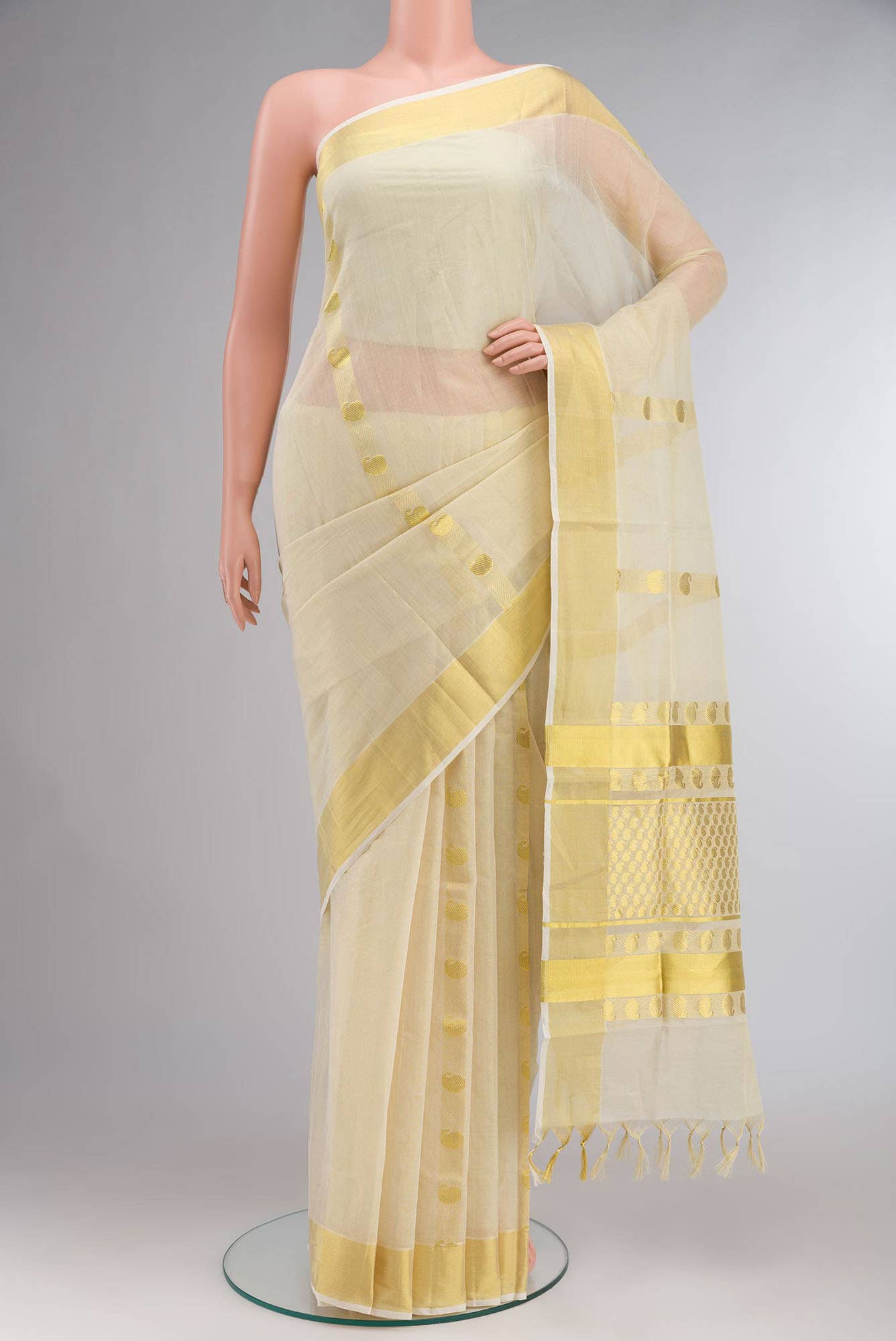Cream with Gold Dual Tone Kerala Cotton Saree