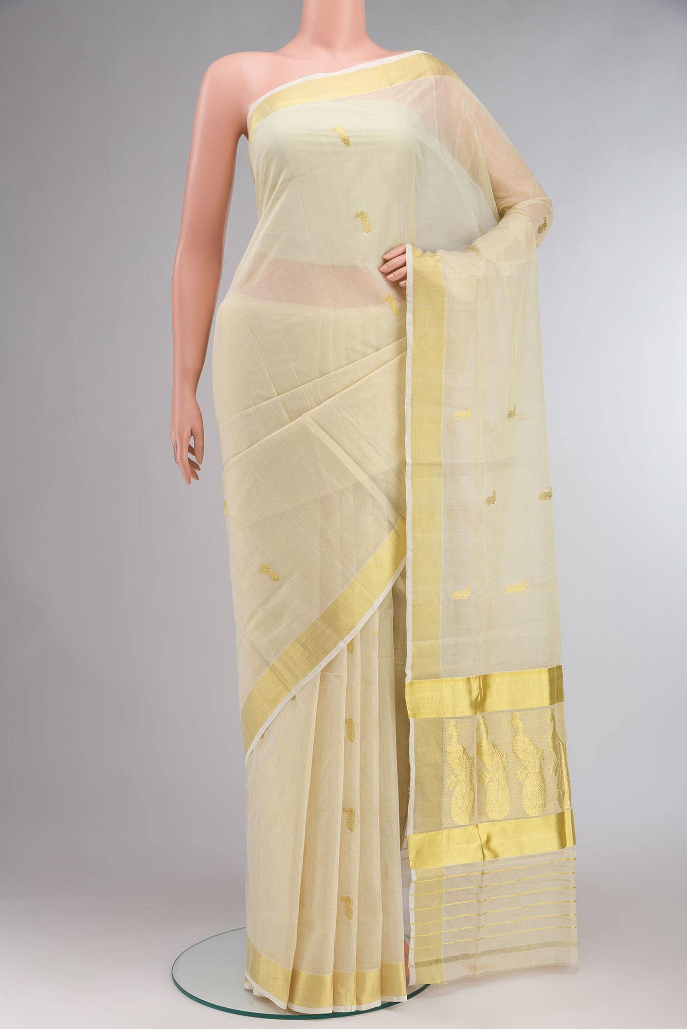 Cream with Gold Dual Tone Kerala Cotton Saree