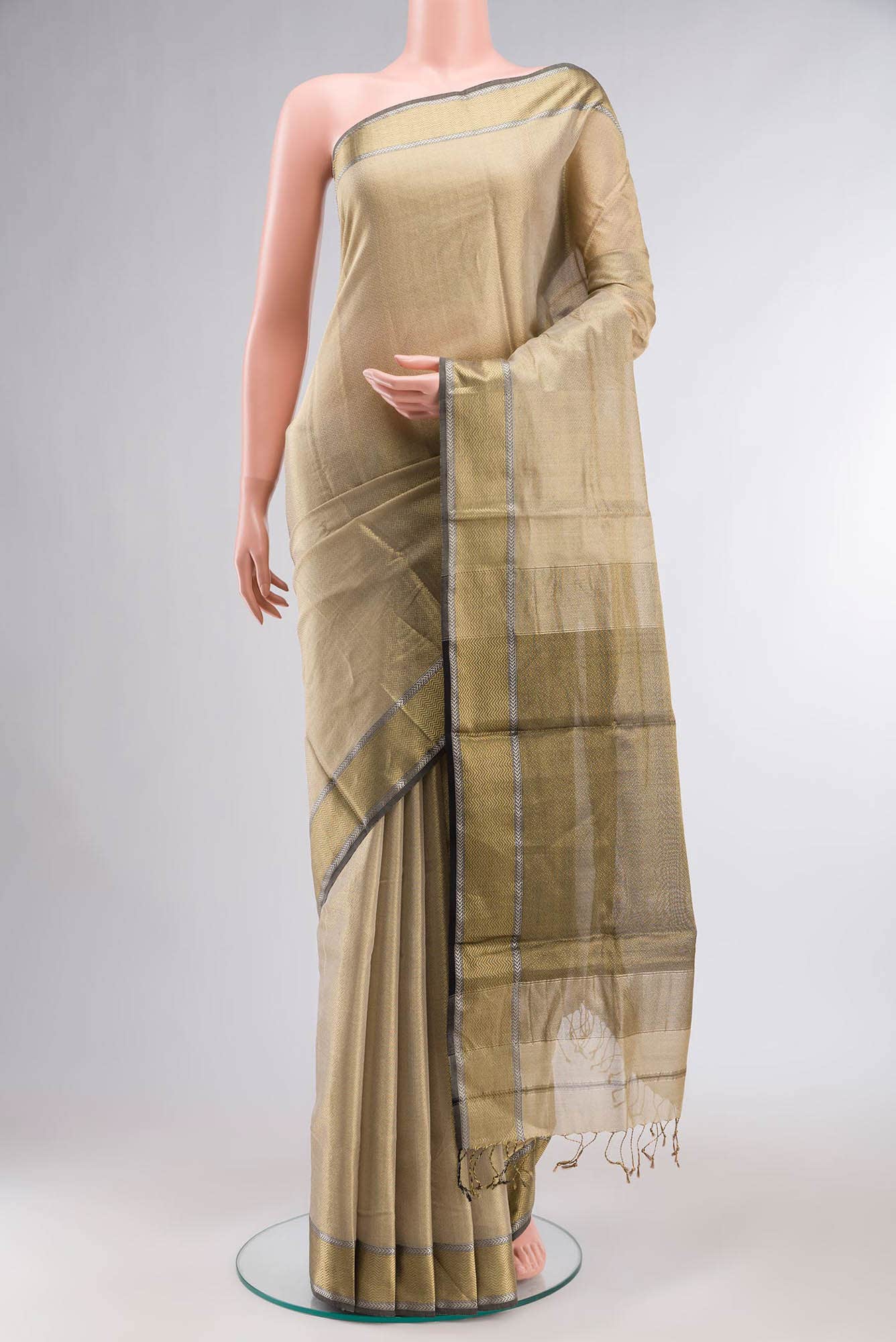 Beige Maheshwari Tissue Silk Cotton Saree