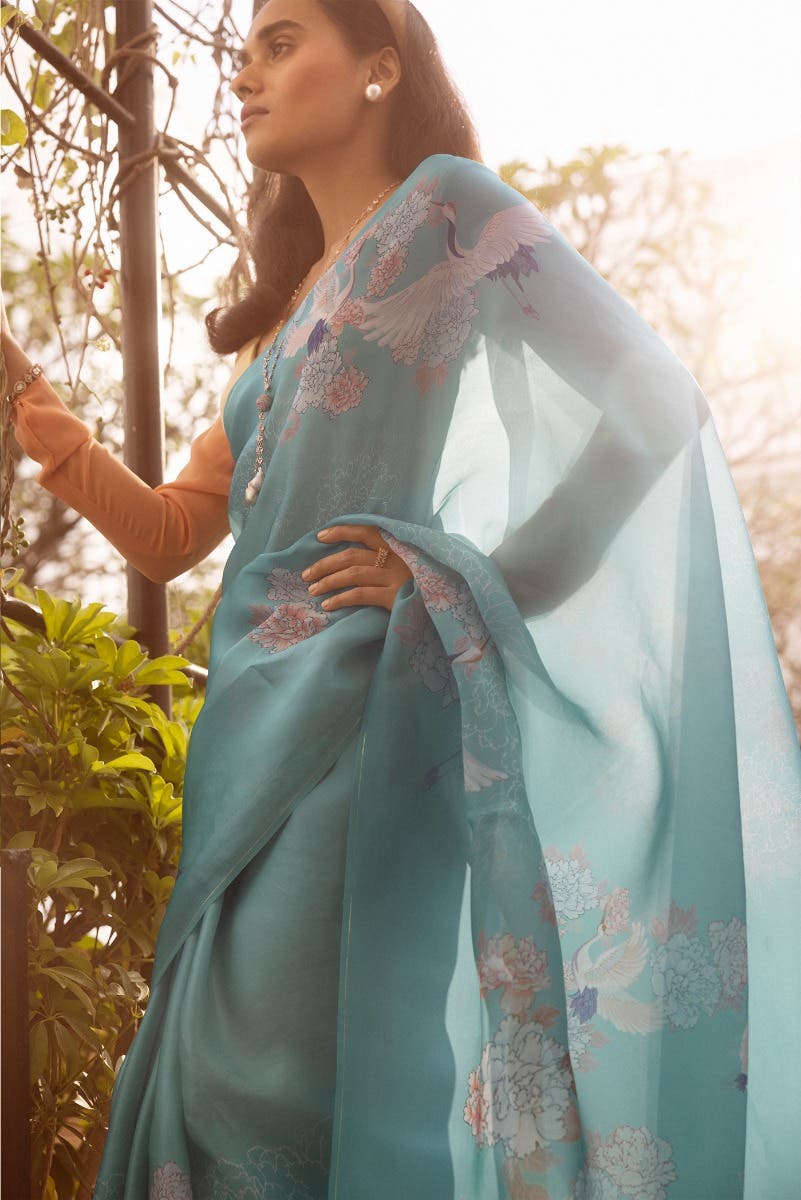 Flying Cranes Light Blue Satin Organza Saree