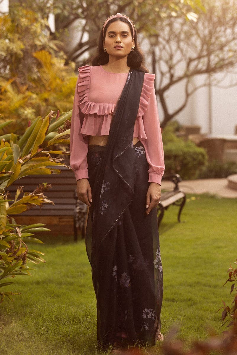 The Sparrows Black Pure Organza Silk Saree