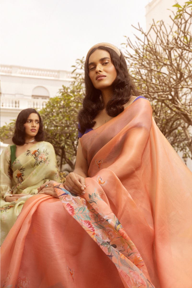 Lovers on the Branch Yellow Satin Organza Saree