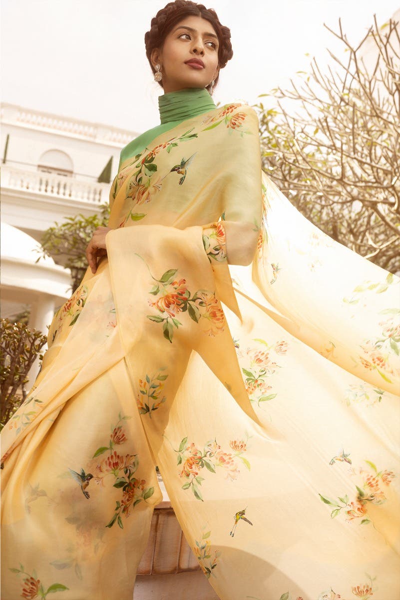 Humming Hovers Yellow Satin Organza Saree
