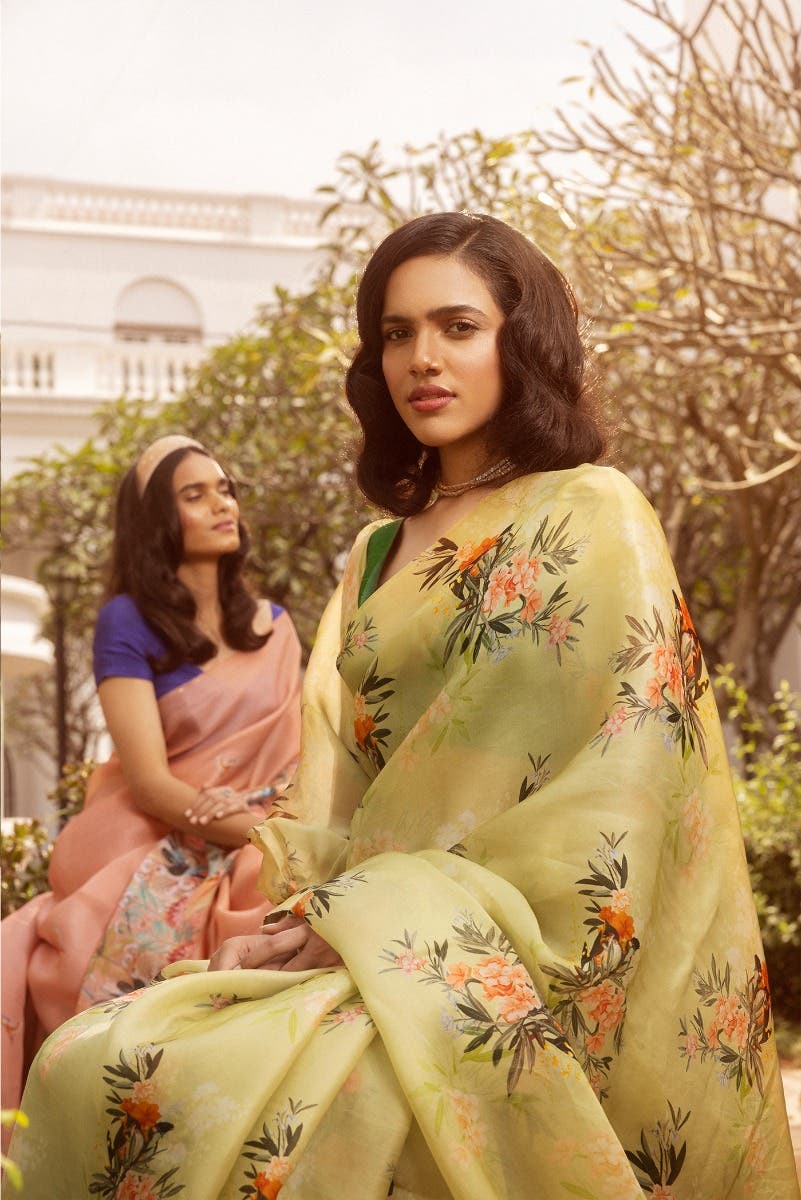 Enigmatic bulbuls Pista Green Satin Organza Saree