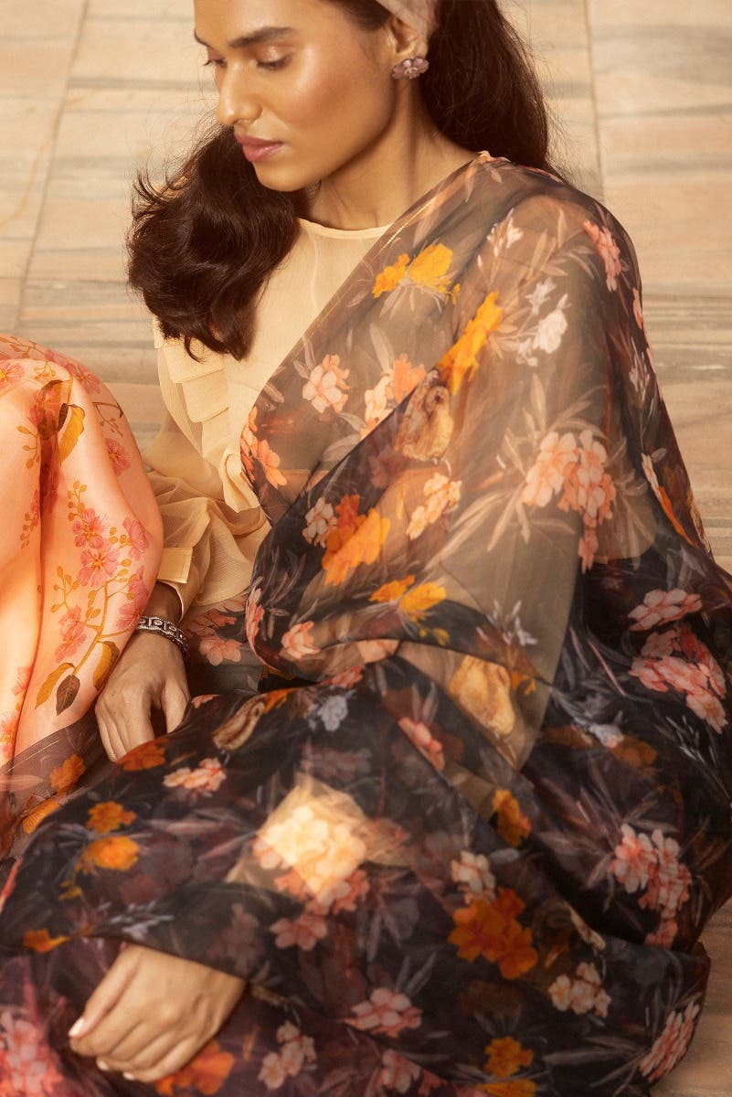 Tropical Parrots Black Pure Organza Silk Saree