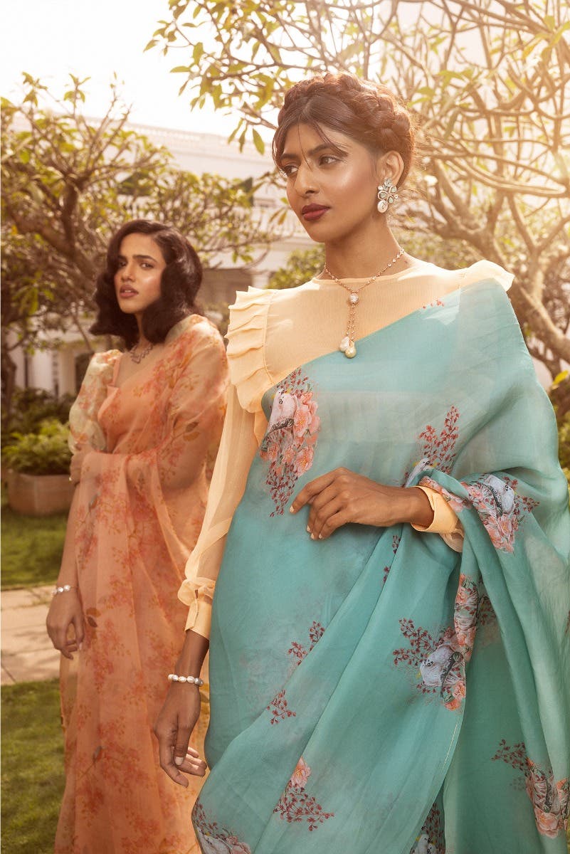 Crowned Cockatoo Mint Green Satin Organza Saree