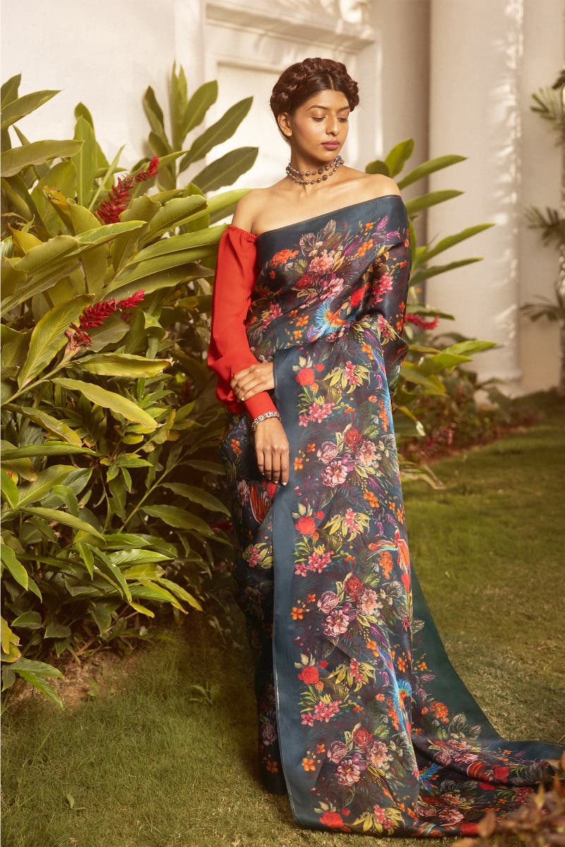 Hyacinth Macaws Teal Satin Organza Saree