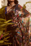 Lover Macaws Dark Teal Satin Organza Saree