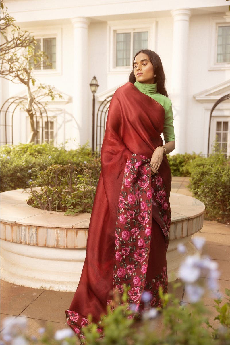 Poppys in Rhythm Red Satin Organza Saree